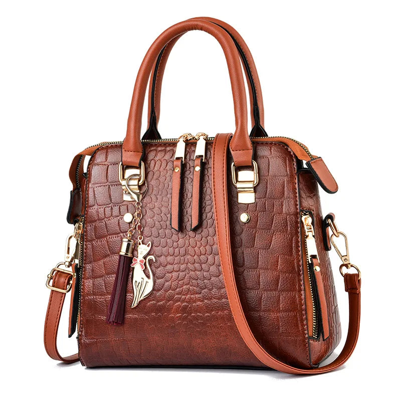 Sac à main de luxe motif crocodile pour femmes | Sac à bandoulière en cuir PU à pompons, nouvelle collection hiver (sac à main de marque, sac à main pour femme)