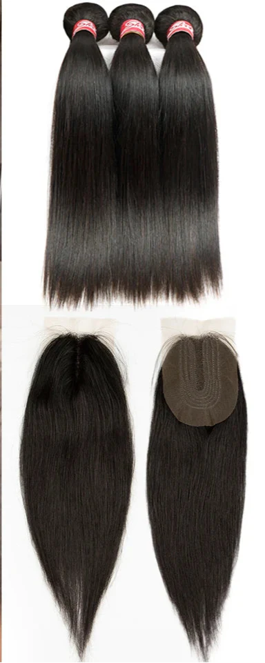 Lots de mèches brésiliennes lisses naturelles avec closure de 2x4 | Ensemble de 3 mèches et 1 closure