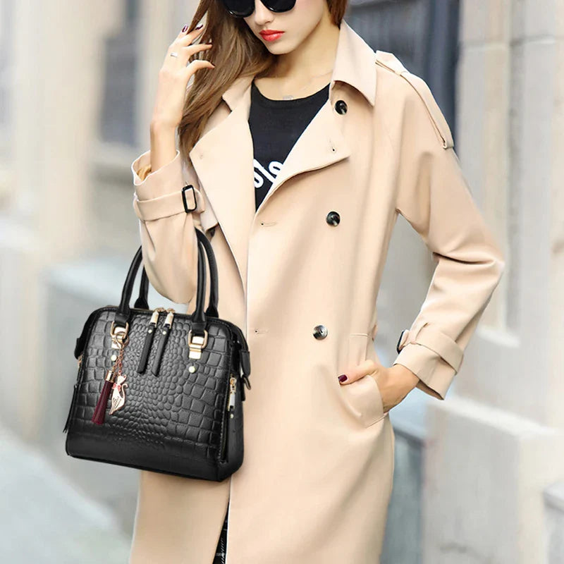 Sac à main de luxe motif crocodile pour femmes | Sac à bandoulière en cuir PU à pompons, nouvelle collection hiver (sac à main de marque, sac à main pour femme)