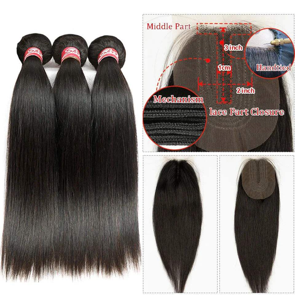 Lots de mèches brésiliennes lisses naturelles avec closure de 2x4 | Ensemble de 3 mèches et 1 closure