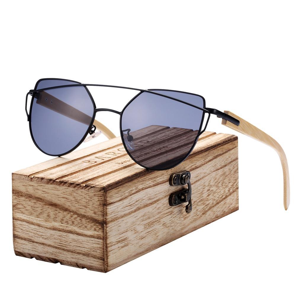 Lunettes de soleil œil de chat modernes pour femmes Lunettes de soleil polarisées avec monture en métal et monture en bois de bambou naturel Style tendance