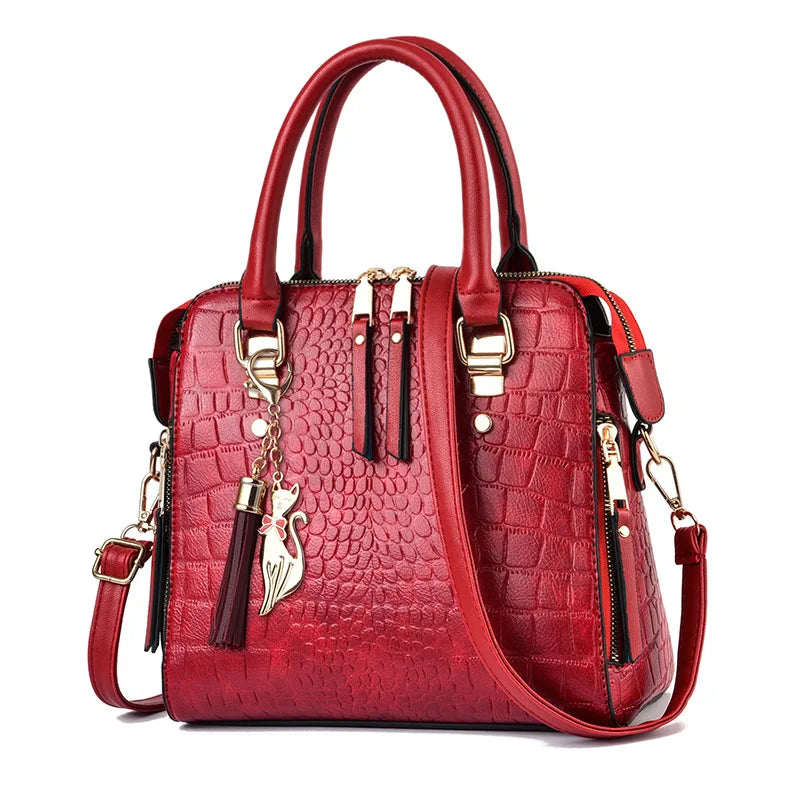 Sac à main de luxe motif crocodile pour femmes | Sac à bandoulière en cuir PU à pompons, nouvelle collection hiver (sac à main de marque, sac à main pour femme)
