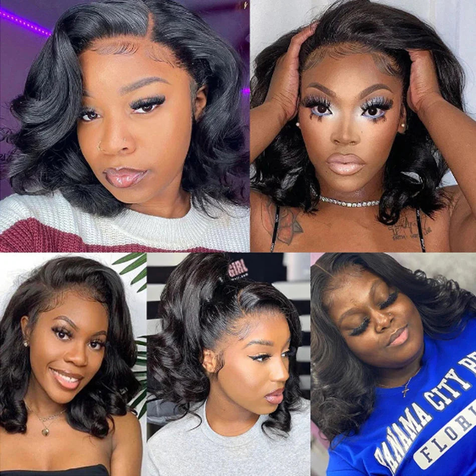 Perruque courte sans colle Body Wave Bob | Perruque Lace Frontale 13x4 Transparente en Cheveux Humains Brésiliens (Pré-épilée, prête à porter)