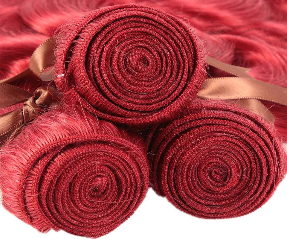 Mèches Brésiliennes Body Wave | Extensions de Cheveux Humains Rouge Bordeaux (Lots de 1/3/4 Pièces)
