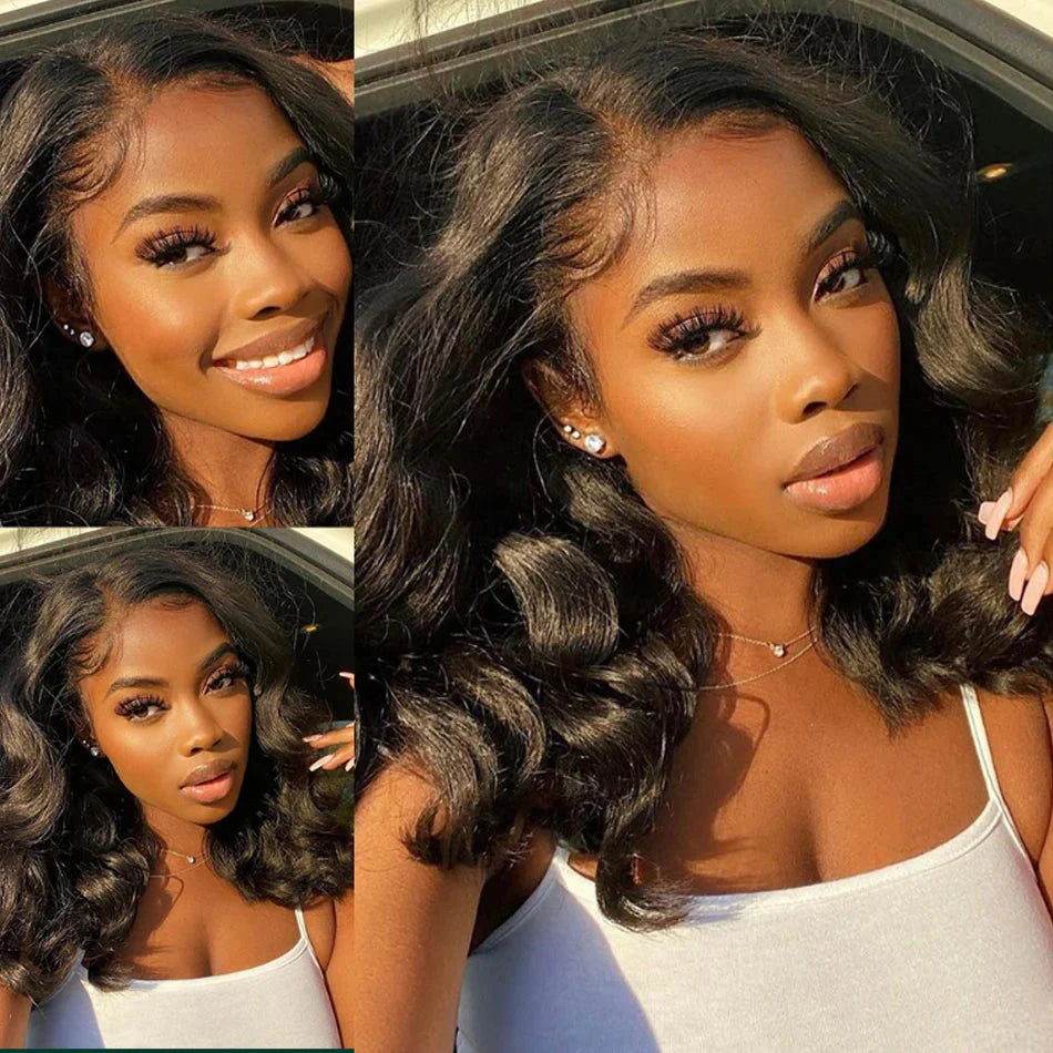 Perruque courte sans colle Body Wave Bob | Perruque Lace Frontale 13x4 Transparente en Cheveux Humains Brésiliens (Pré-épilée, prête à porter)