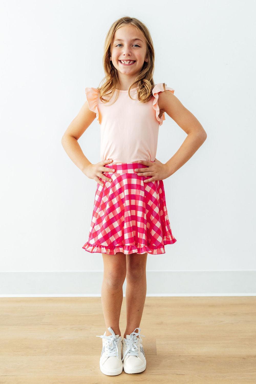 Jupe-culotte à volants rose vif vichy