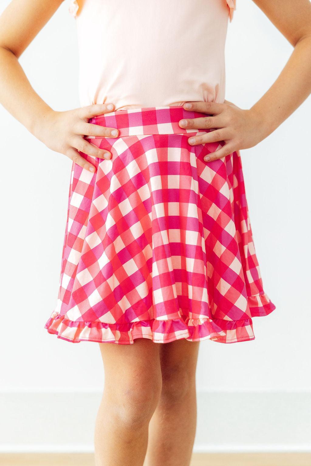 Jupe-culotte à volants rose vif vichy