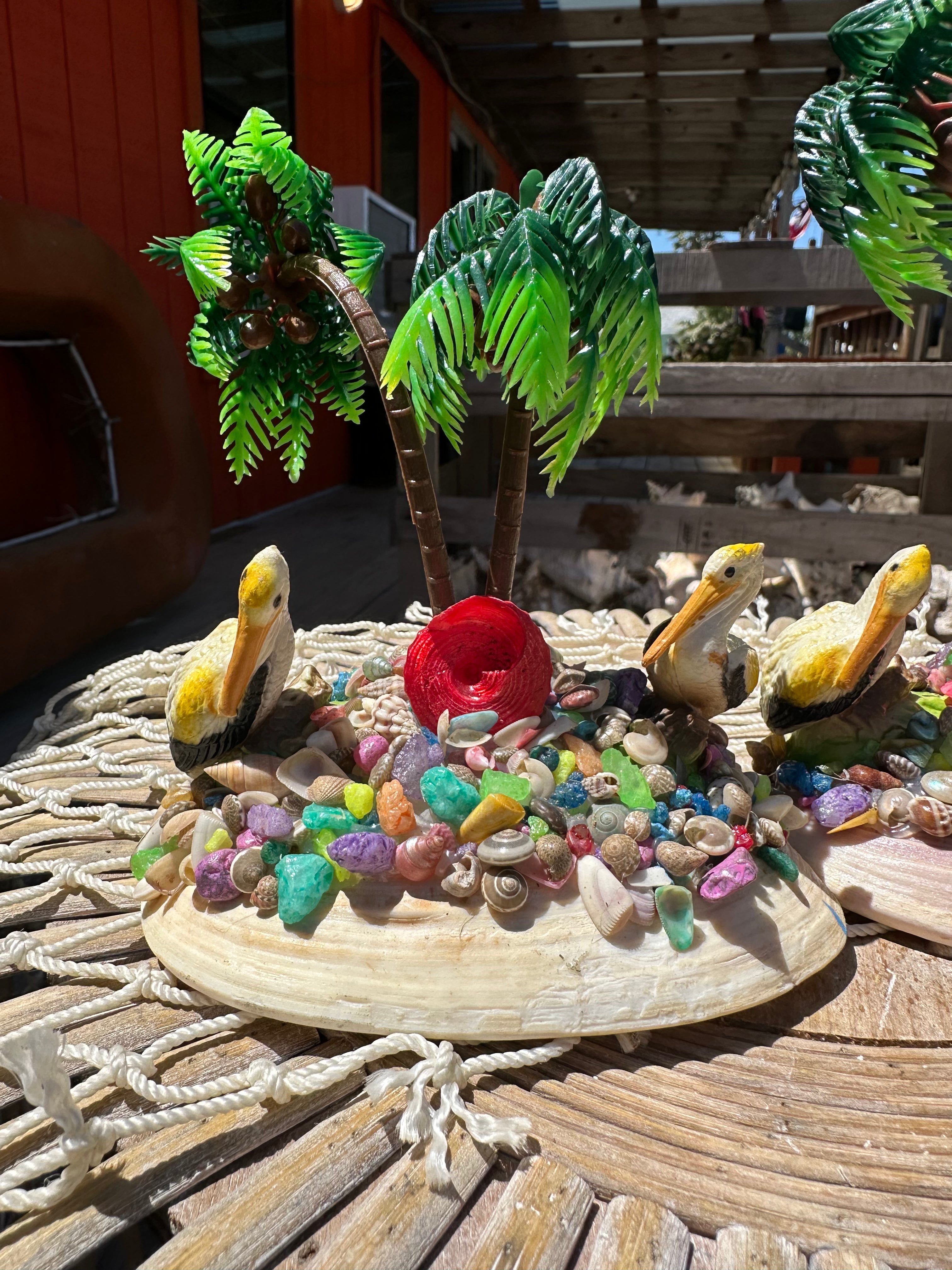 Seashell Beach Scene with Pelicans