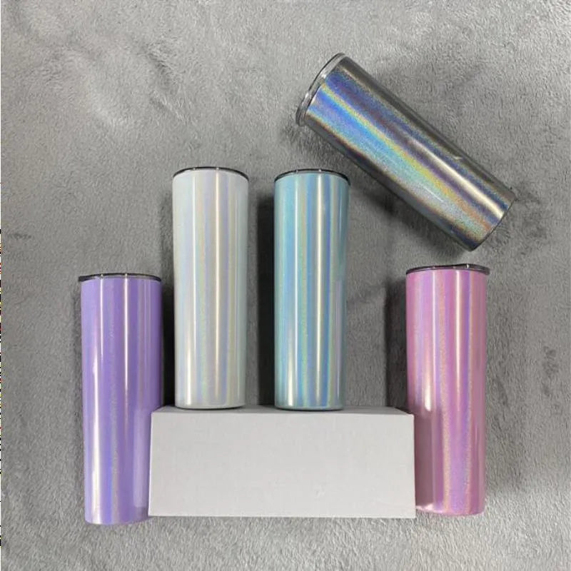 Gobelet dégradé fin blanc, bleu, violet, noir et rose, en acier inoxydable à paillettes, avec paille et couvercle, 20 oz