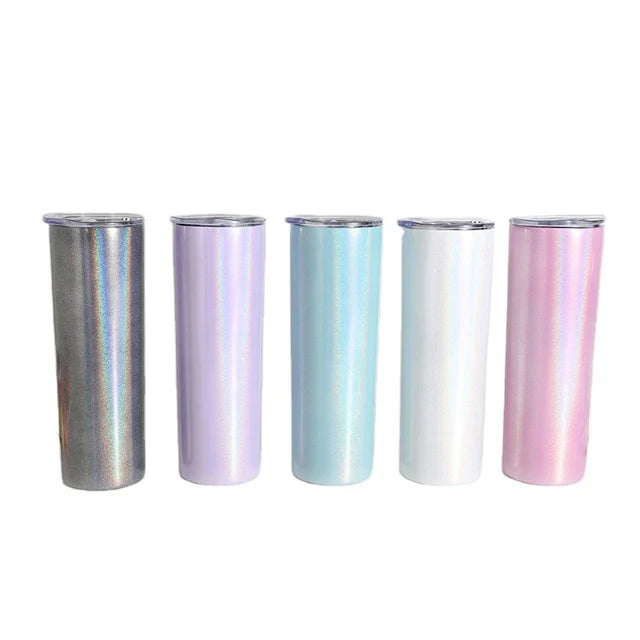 Gobelet dégradé fin blanc, bleu, violet, noir et rose, en acier inoxydable à paillettes, avec paille et couvercle, 20 oz