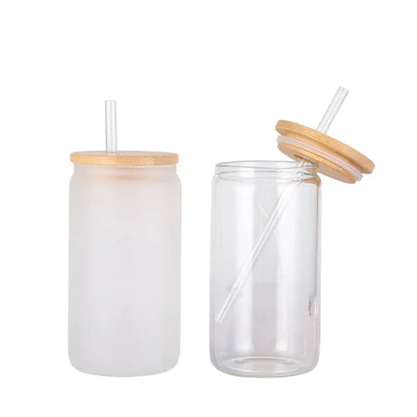 Gobelet en verre canette imprimé par sublimation 16 oz avec paille et couvercle en bambou – Meilleure amie