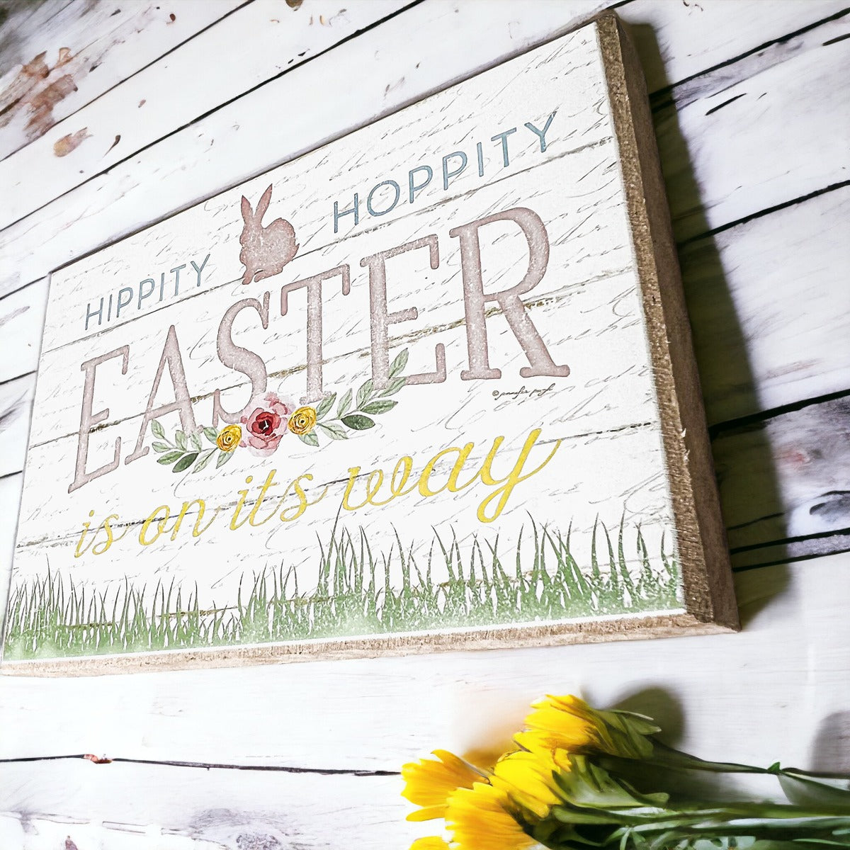 Easter Spring Floral Block Signs Set - Watercolor Bunny and Hippity Hoppity