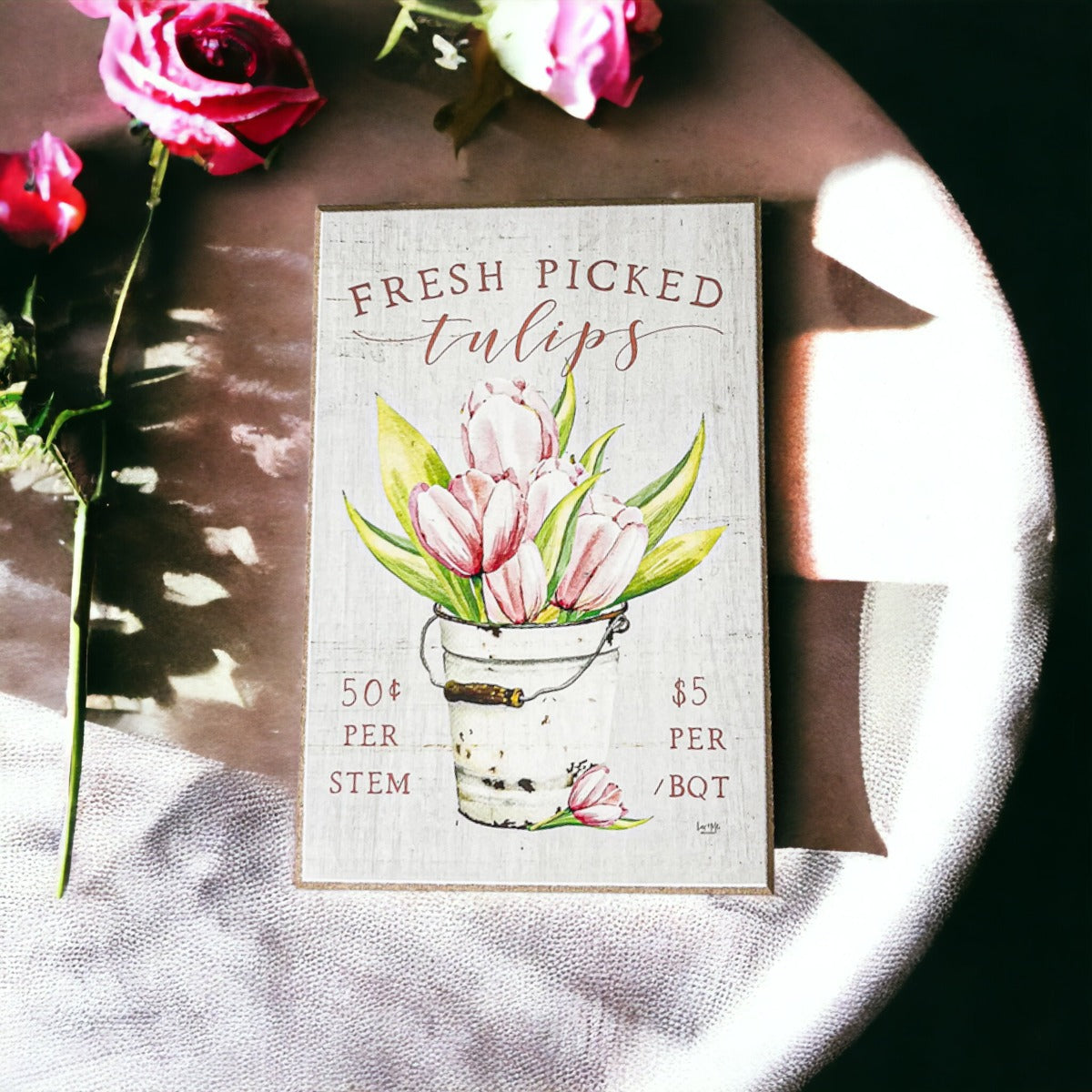 Fresh Tulips Wooden Block Sign Spring Summer Farmhouse Floral Home Decor Rustic Shelf Sitter