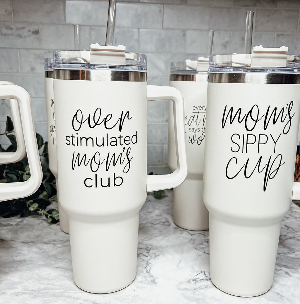 Over Stimulated 40oz Insulated Travel Mug With Handle Lid Straw Moms Tumbler