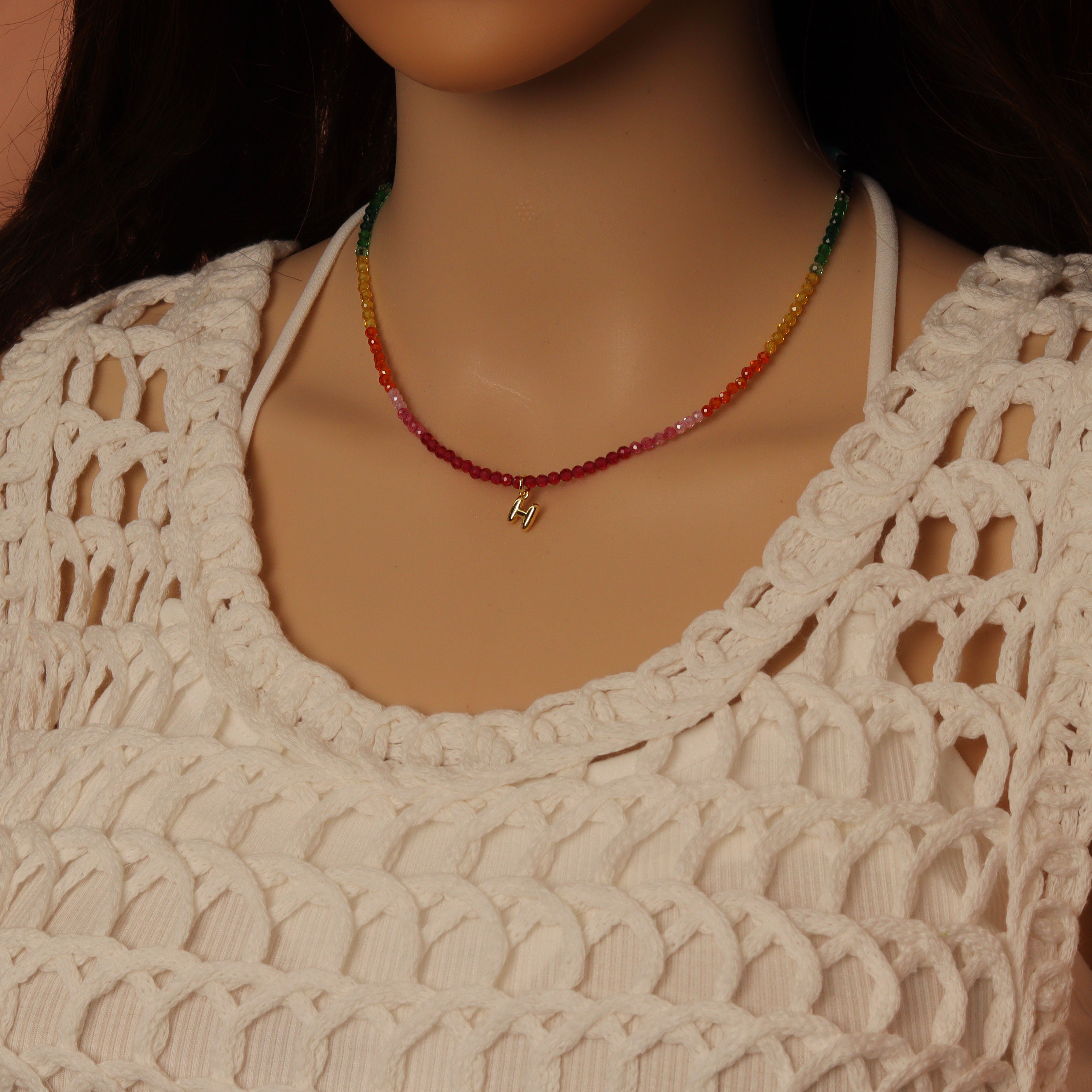 Rainbow Mixed Gemstone beads Initial Necklace, sku#EF815