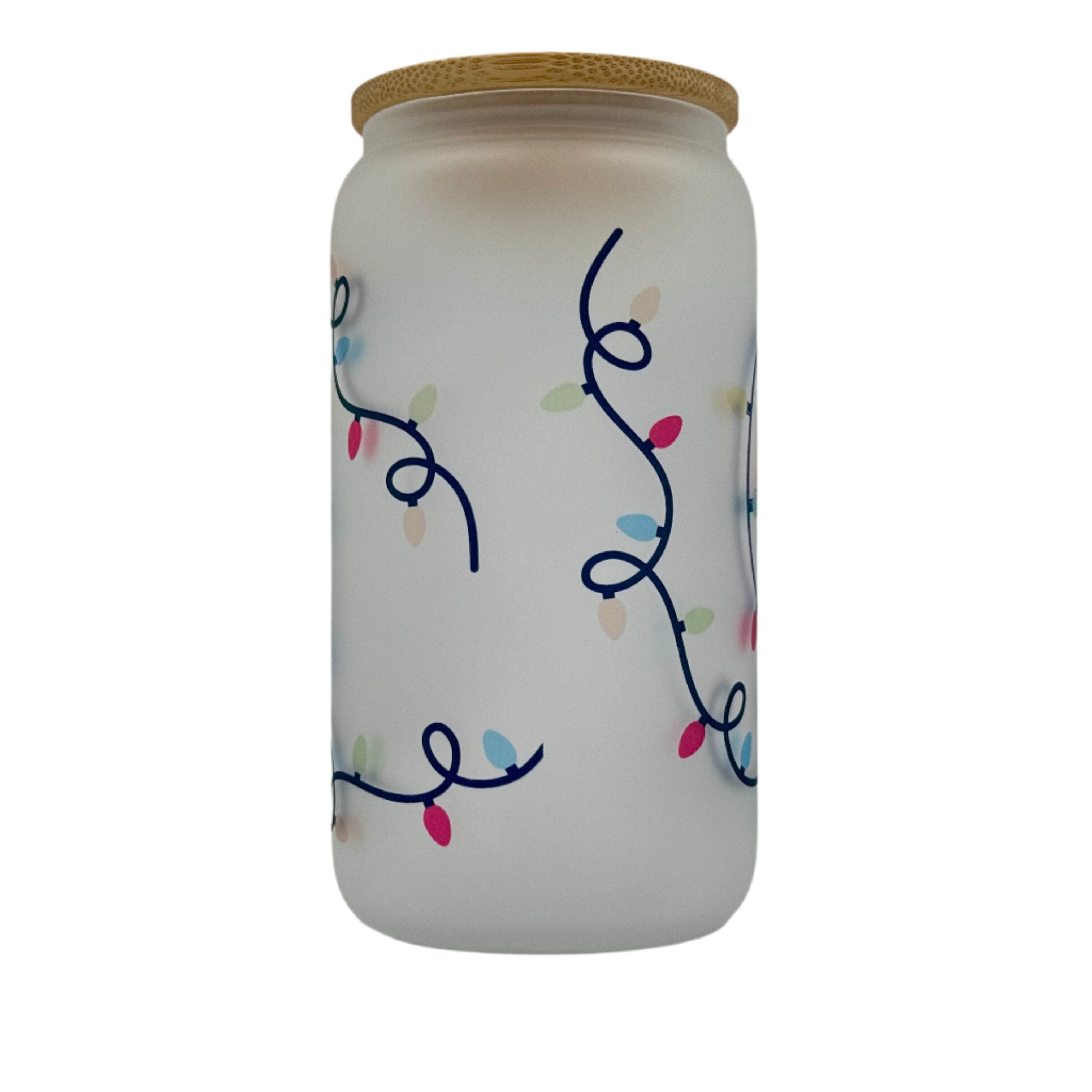 16oz Christmas Lights Xmas Glass Can Tumbler With Straw, rubber bottom & Bamboo Lid