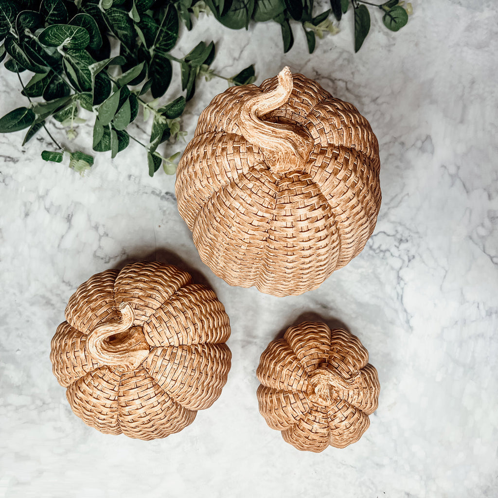 Rattan Resin Pumpkins Fall Decor - Set Or Single, 3 Sizes, Honey Cognac