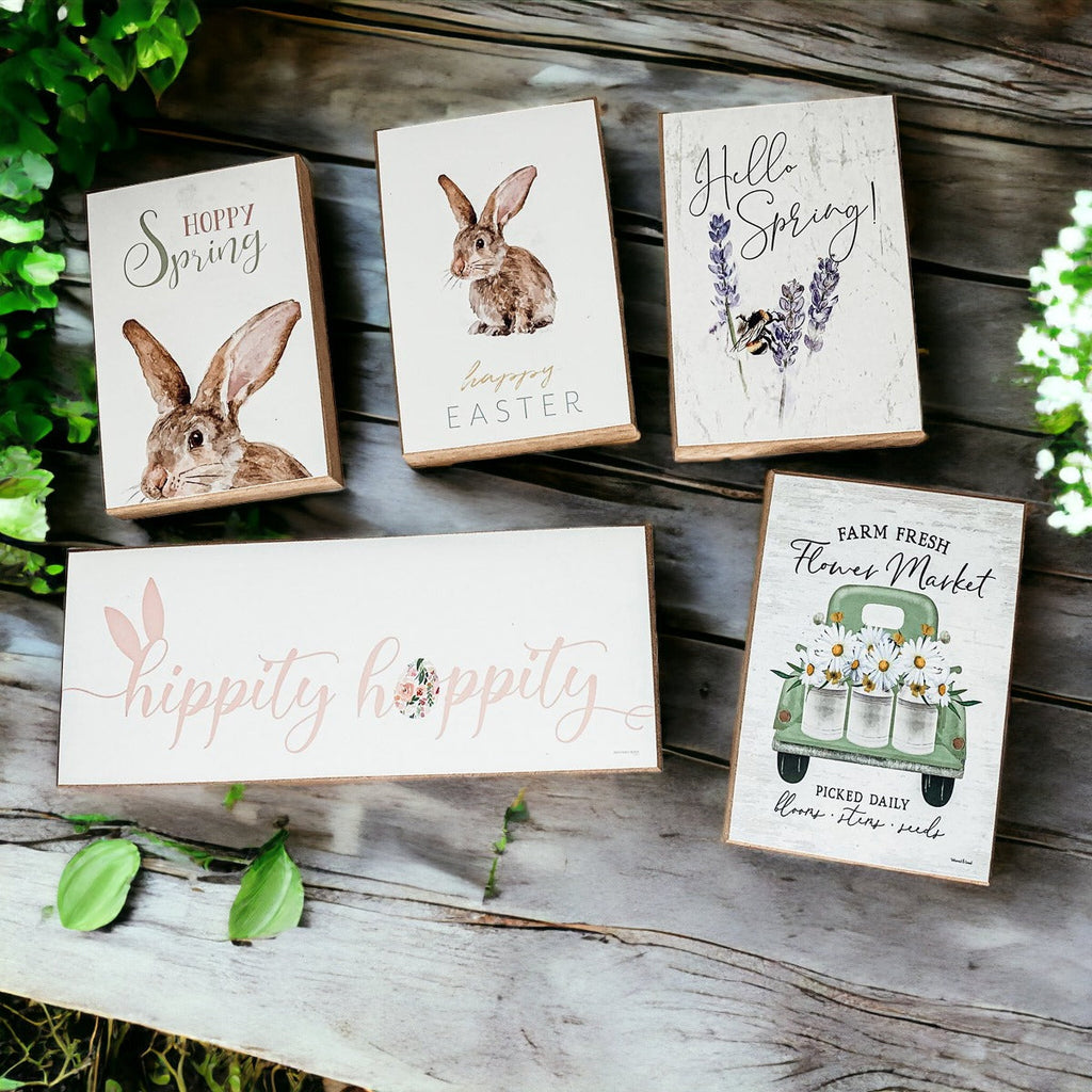Hello Spring Wooden Block Sign Rustic Farmhouse Shelf Tabletop Decor