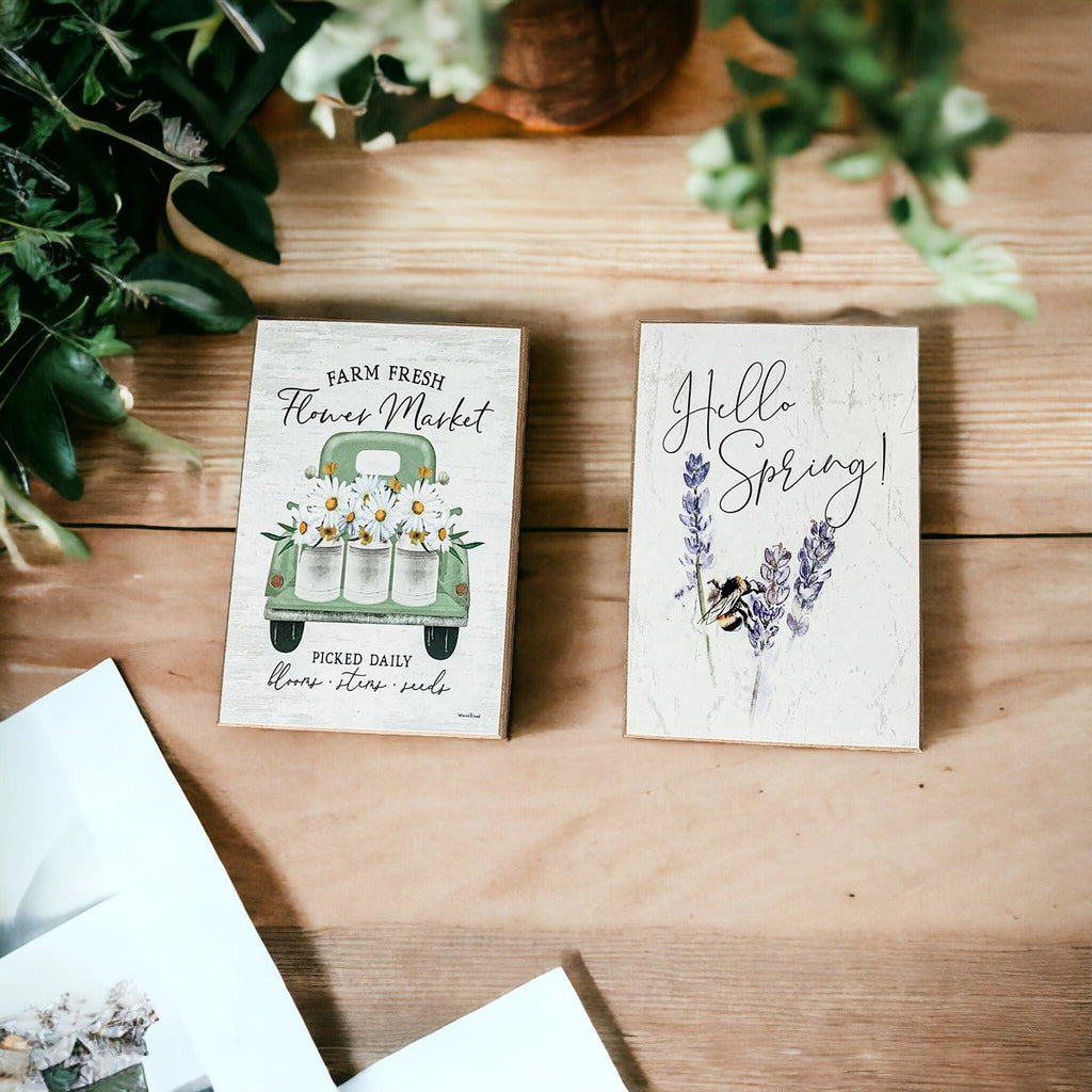 Hello Spring Wooden Block Sign Rustic Farmhouse Shelf Tabletop Decor