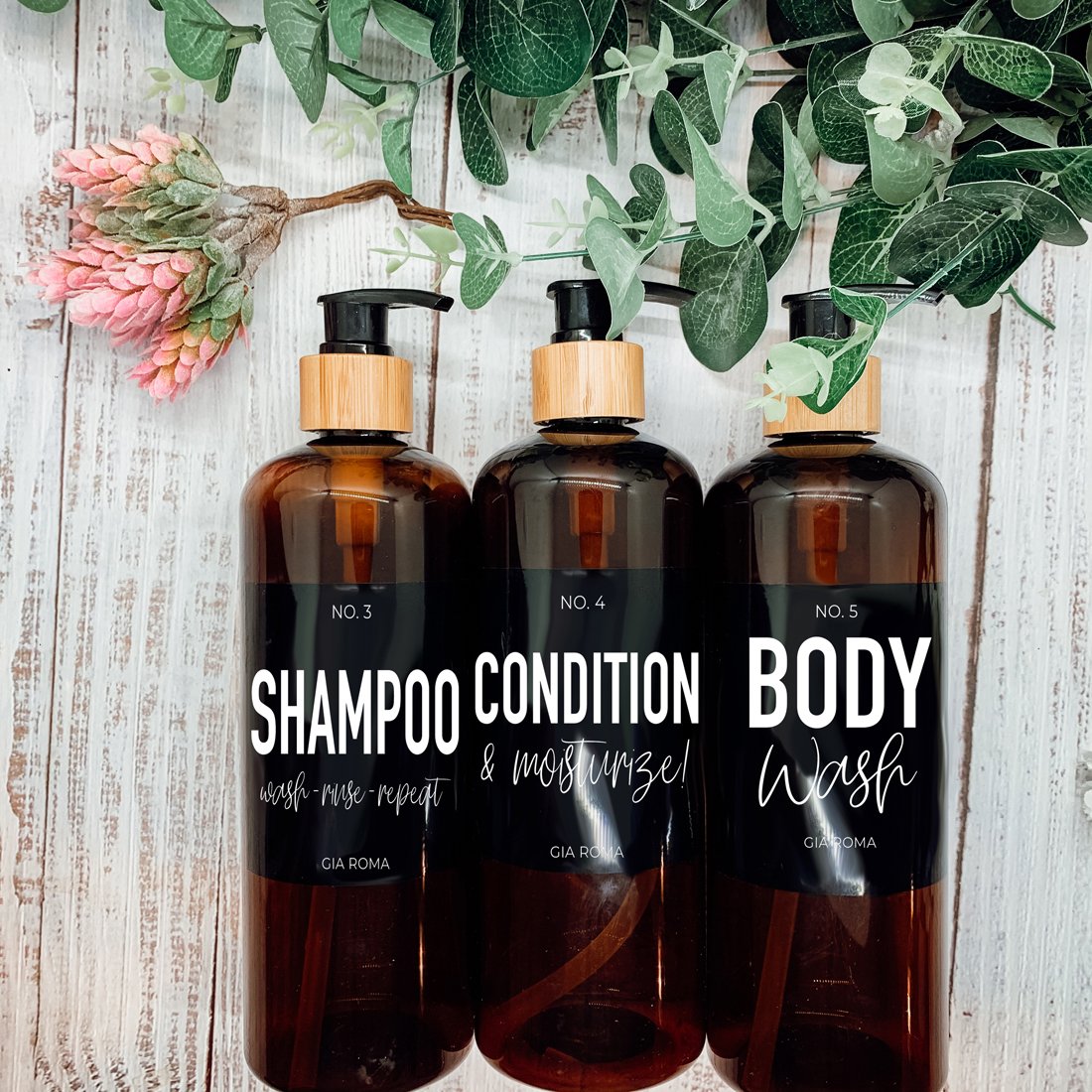 16oz Amber Refillable Plastic Bullet Bottle Black Label Dispenser