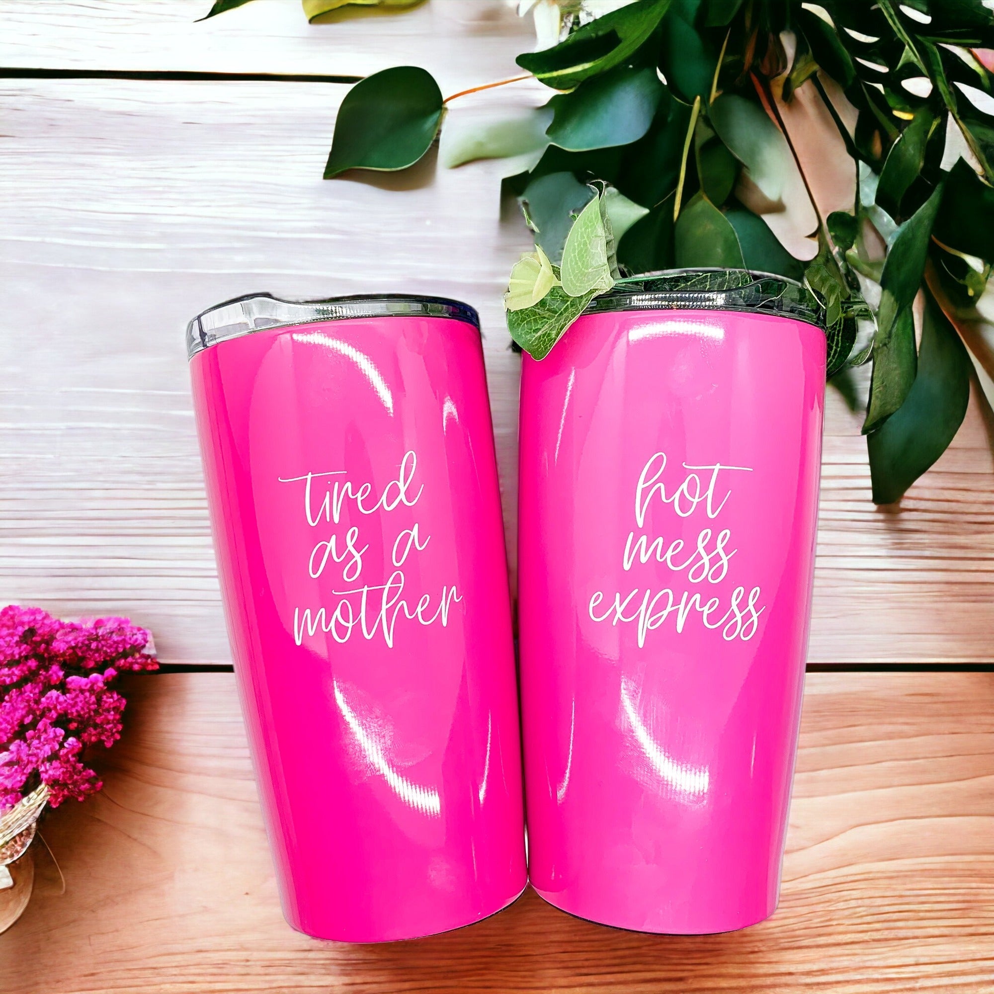 Pink Travel Mug 18oz Stainless Steel Tired As A Mother Insulated Coffee Tumbler Gift For Mom