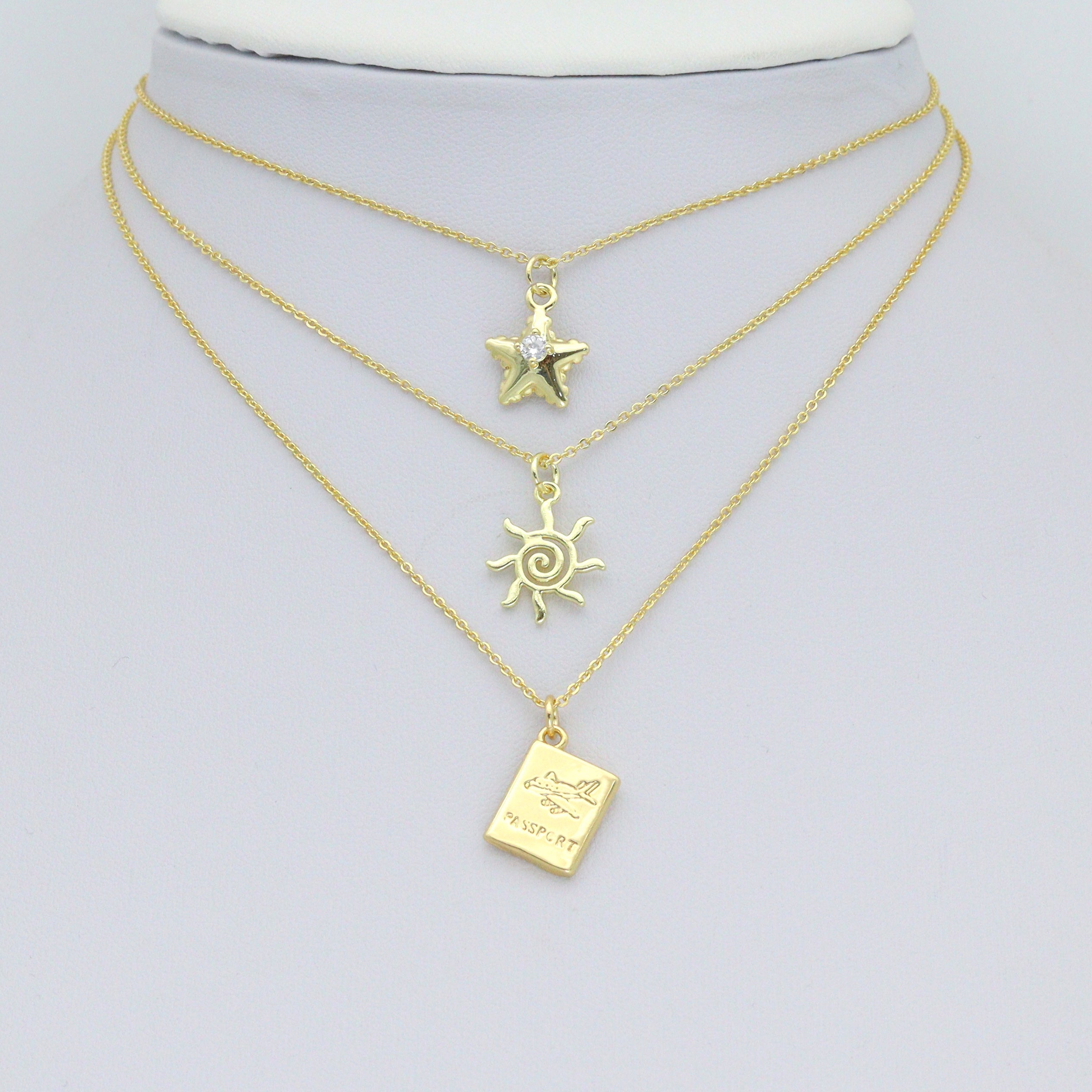 Gold Puffy Star Heart Passport Starfish Sun Charm Pendant,Sku#LD740