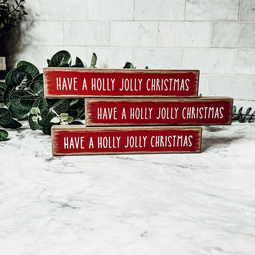Holly Jolly Christmas Wooden Shelf Sitter Sign Holiday Mantel Shelf Decor Rustic Farmhouse