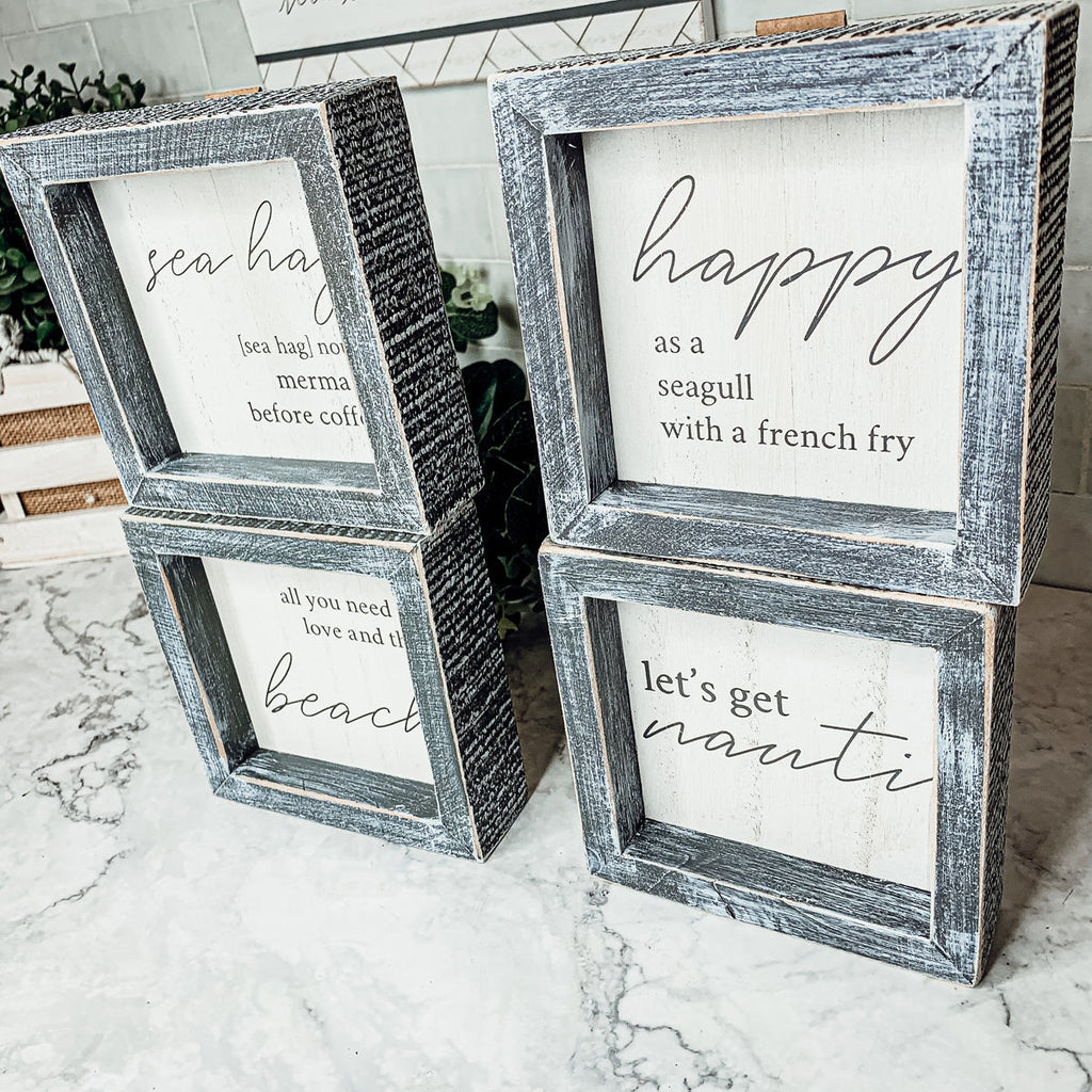 Sea Hag Wooden Sign 5x5 Distressed Gray Frame Funny Morning Mermaid Pre Coffee Decor Plaque