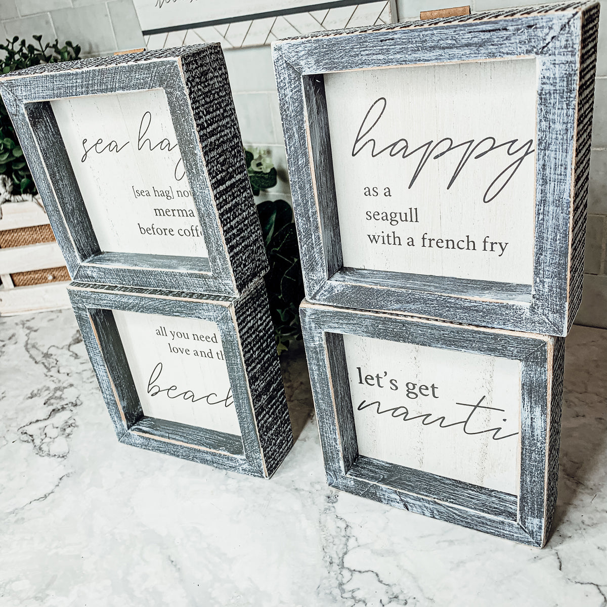 Sea Hag Wooden Sign 5x5 Distressed Gray Frame Funny Morning Mermaid Pre Coffee Decor Plaque