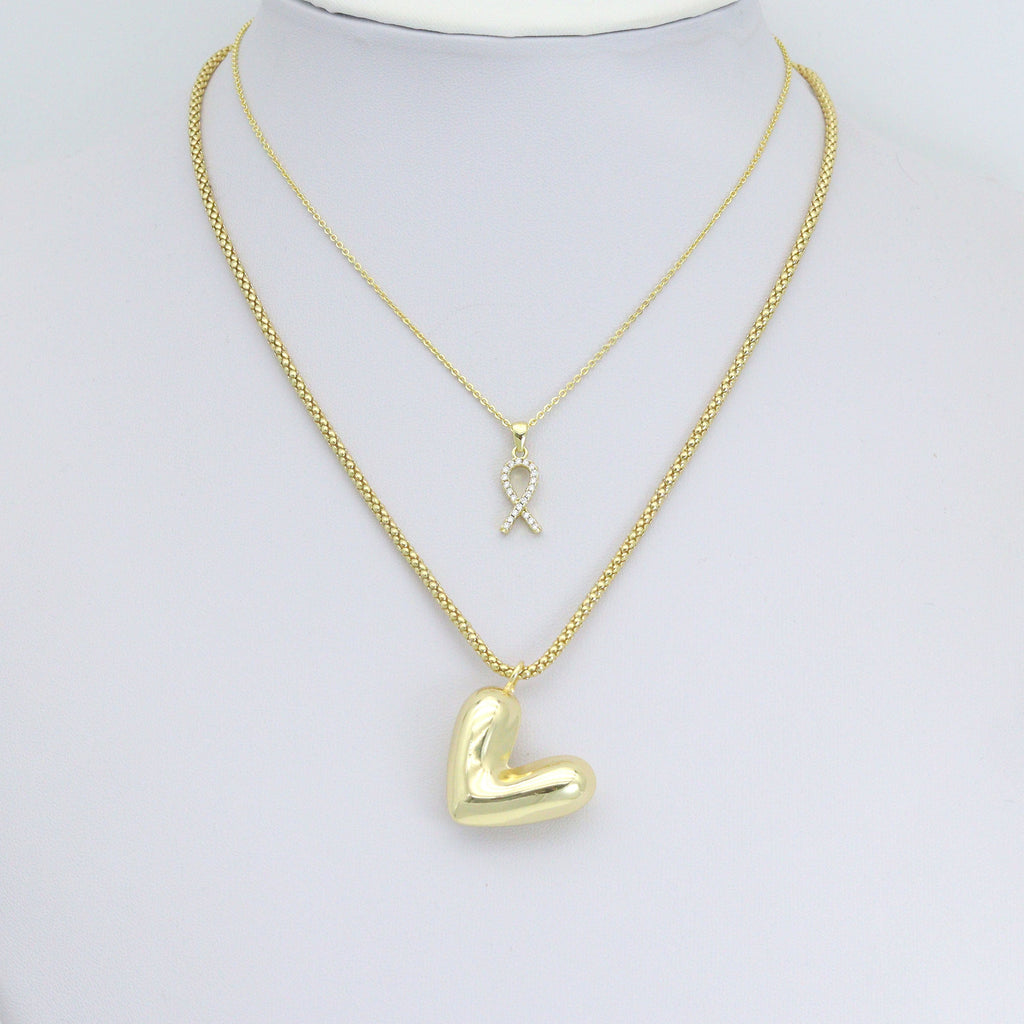 Puffy Gold Heart CZ Ribbon bow Charm Pendant, Sku#Y1044