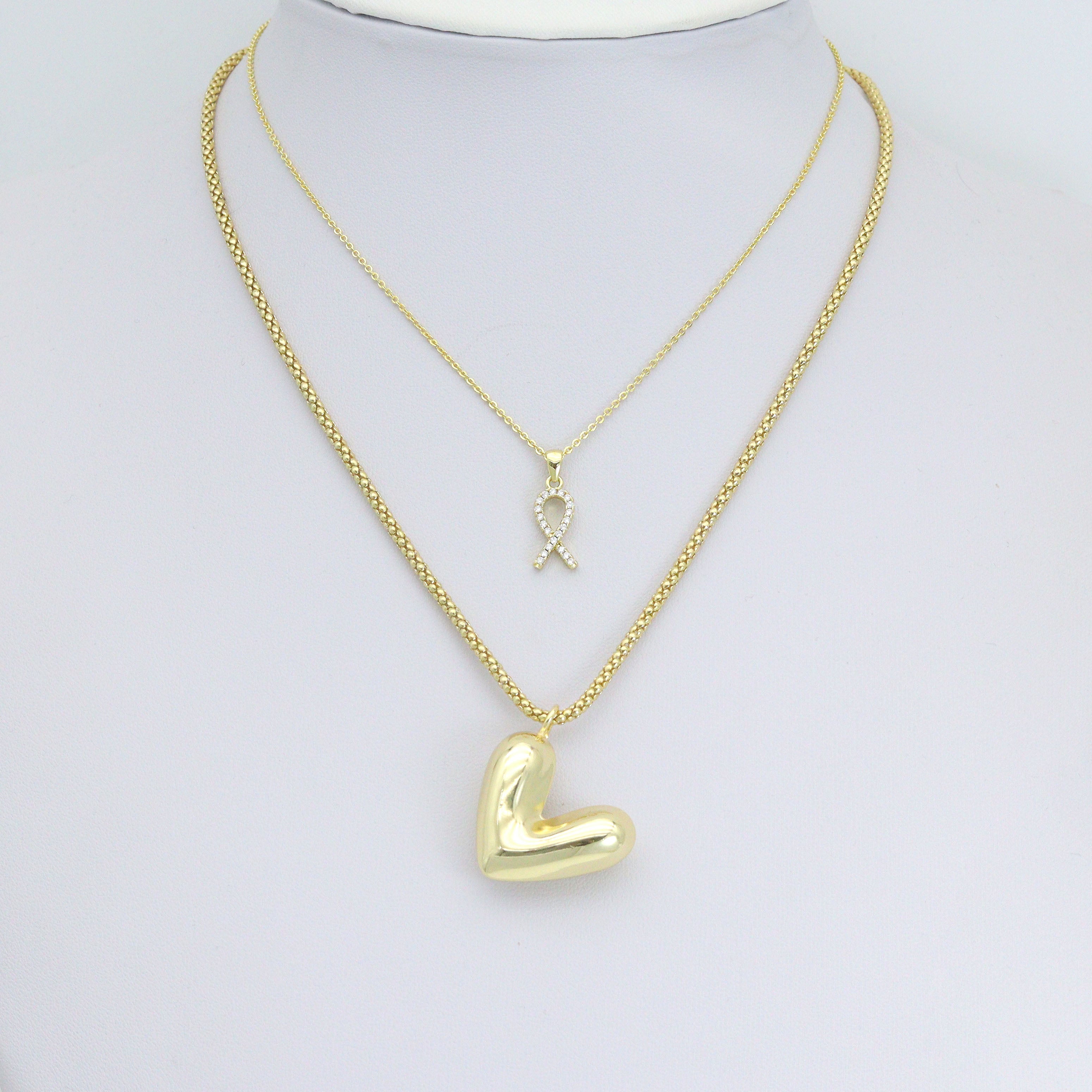 Puffy Gold Heart CZ Ribbon bow Charm Pendant, Sku#Y1044