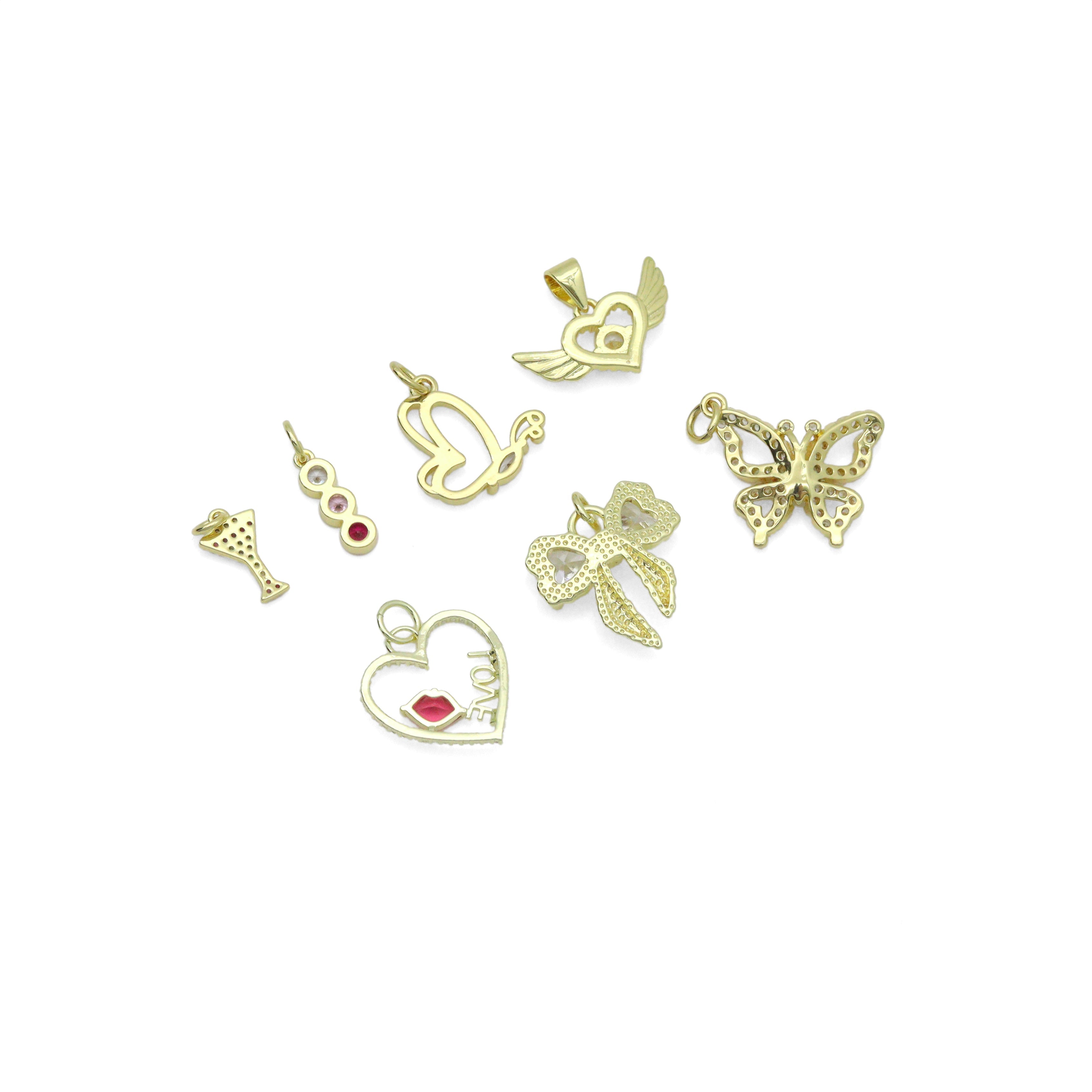 Colorful CZ Gold Heart Butterfly Bowknot Charm Pendant, Sku#Y1052