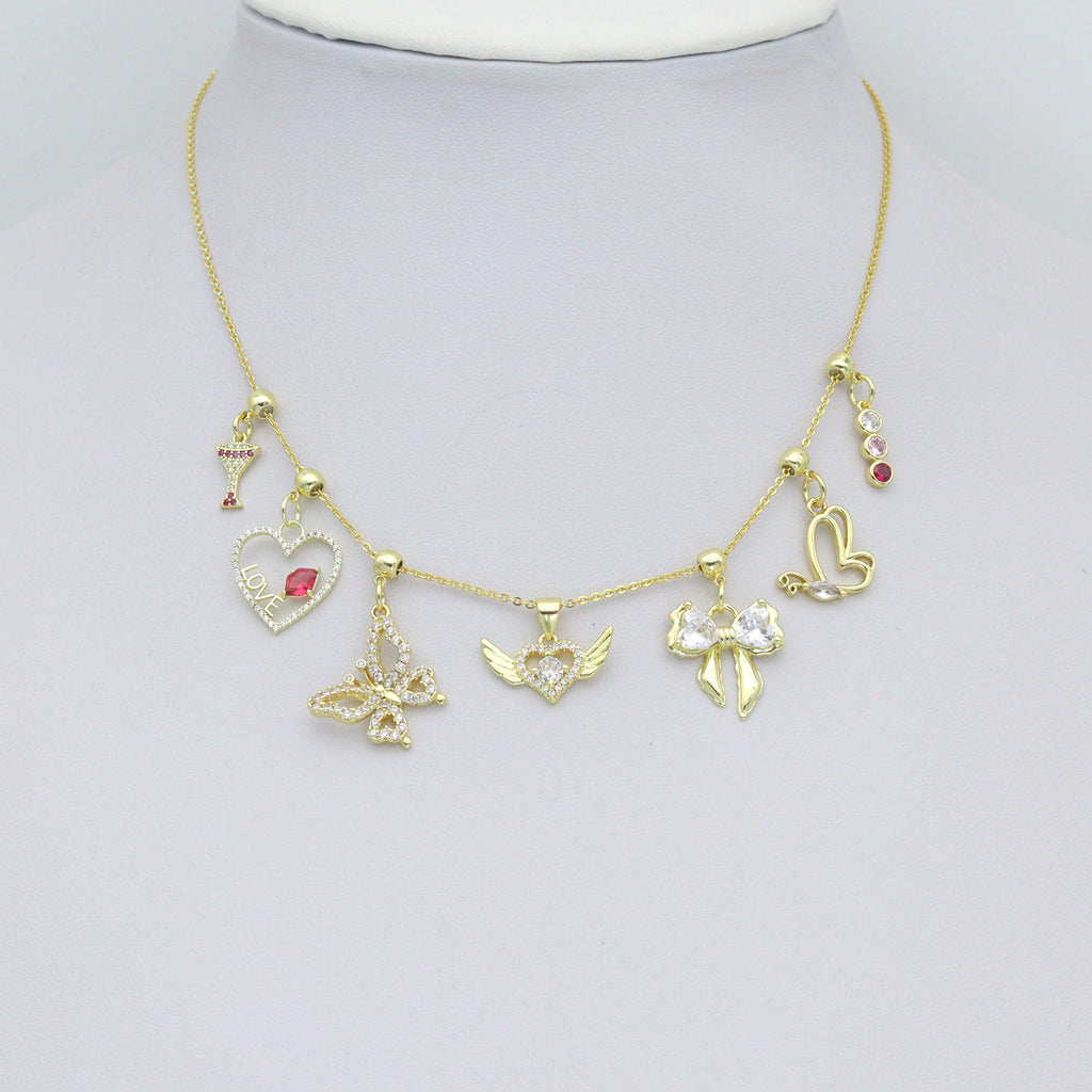 Colorful CZ Gold Heart Butterfly Bowknot Charm Pendant, Sku#Y1052