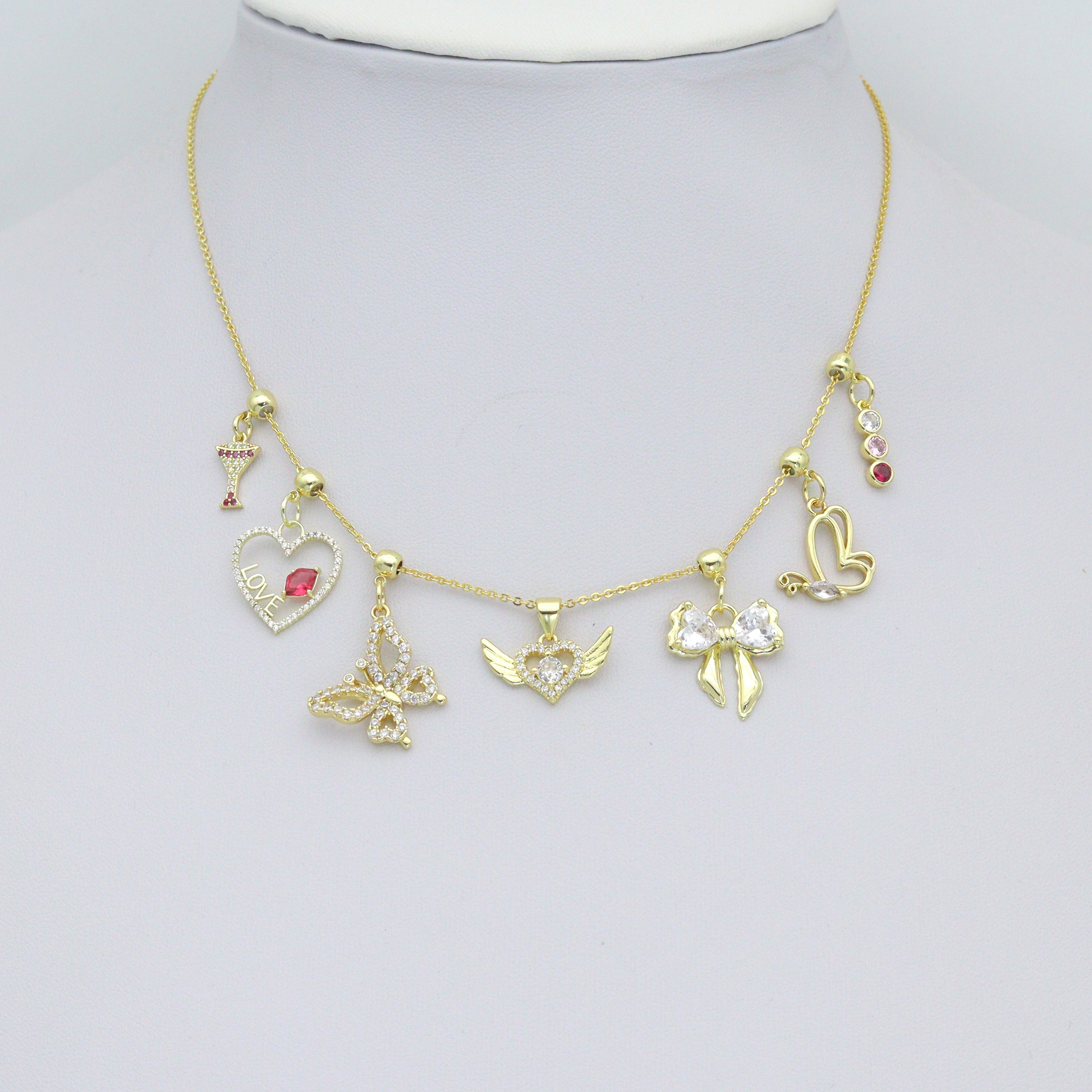 Colorful CZ Gold Heart Butterfly Bowknot Charm Pendant, Sku#Y1052