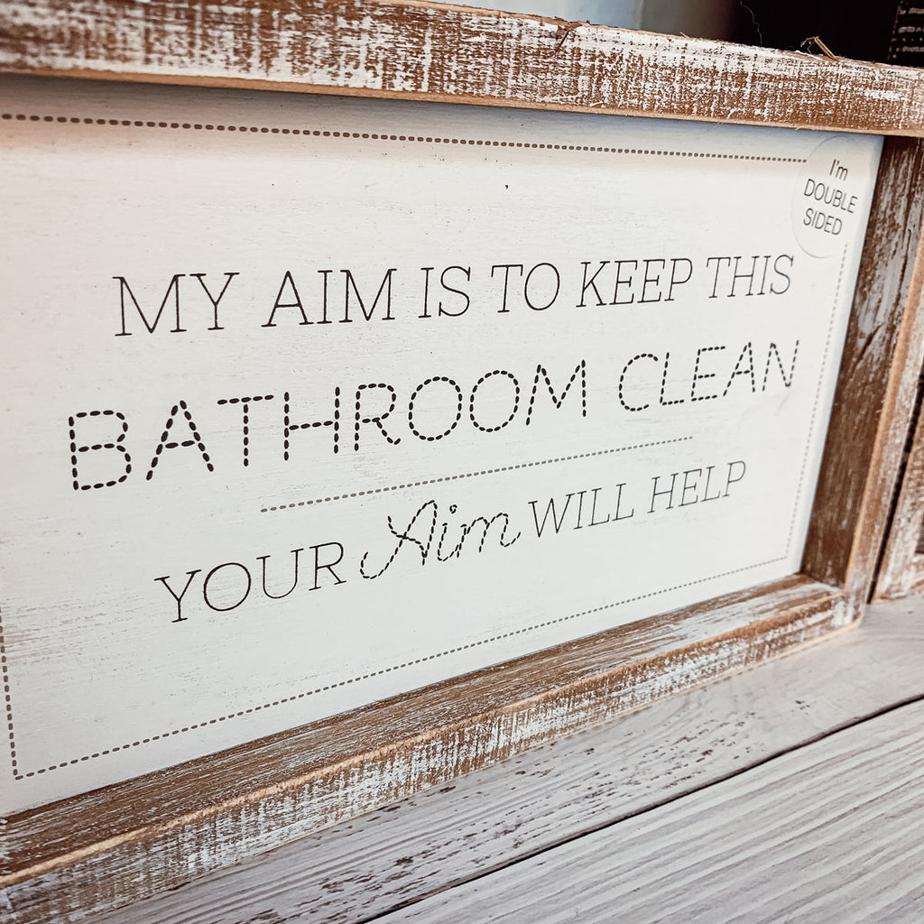 Funny Double Sided Wooden Bathroom Sign Aim Sprinkle Tinkle Freestanding Frame Wall Decor