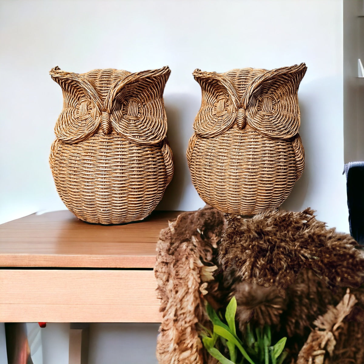 Basket Weave Owl Figurine Resin Rustic Owl Bookend Tabletop Accent Home Decor