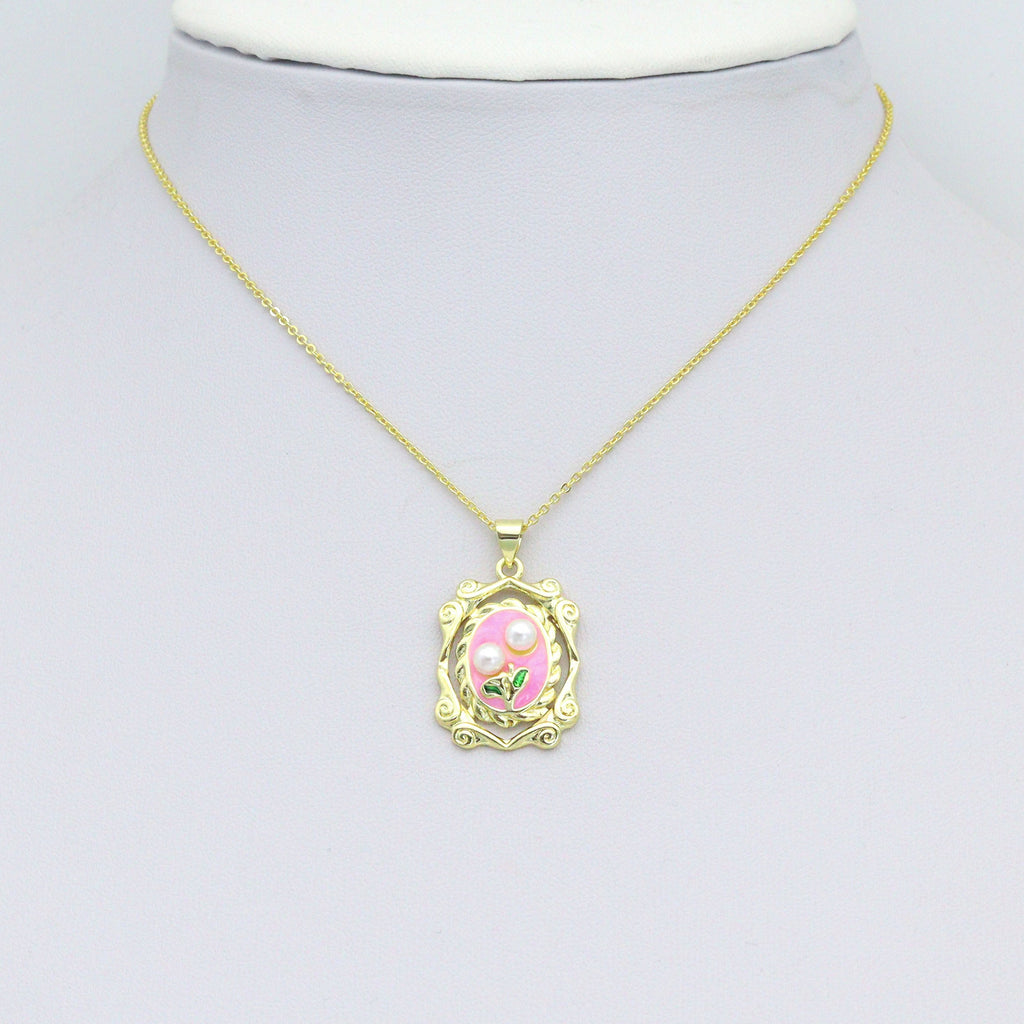 White Pearl Pink Enamel Rose On Oval Pic frame charm, Sku#JL205
