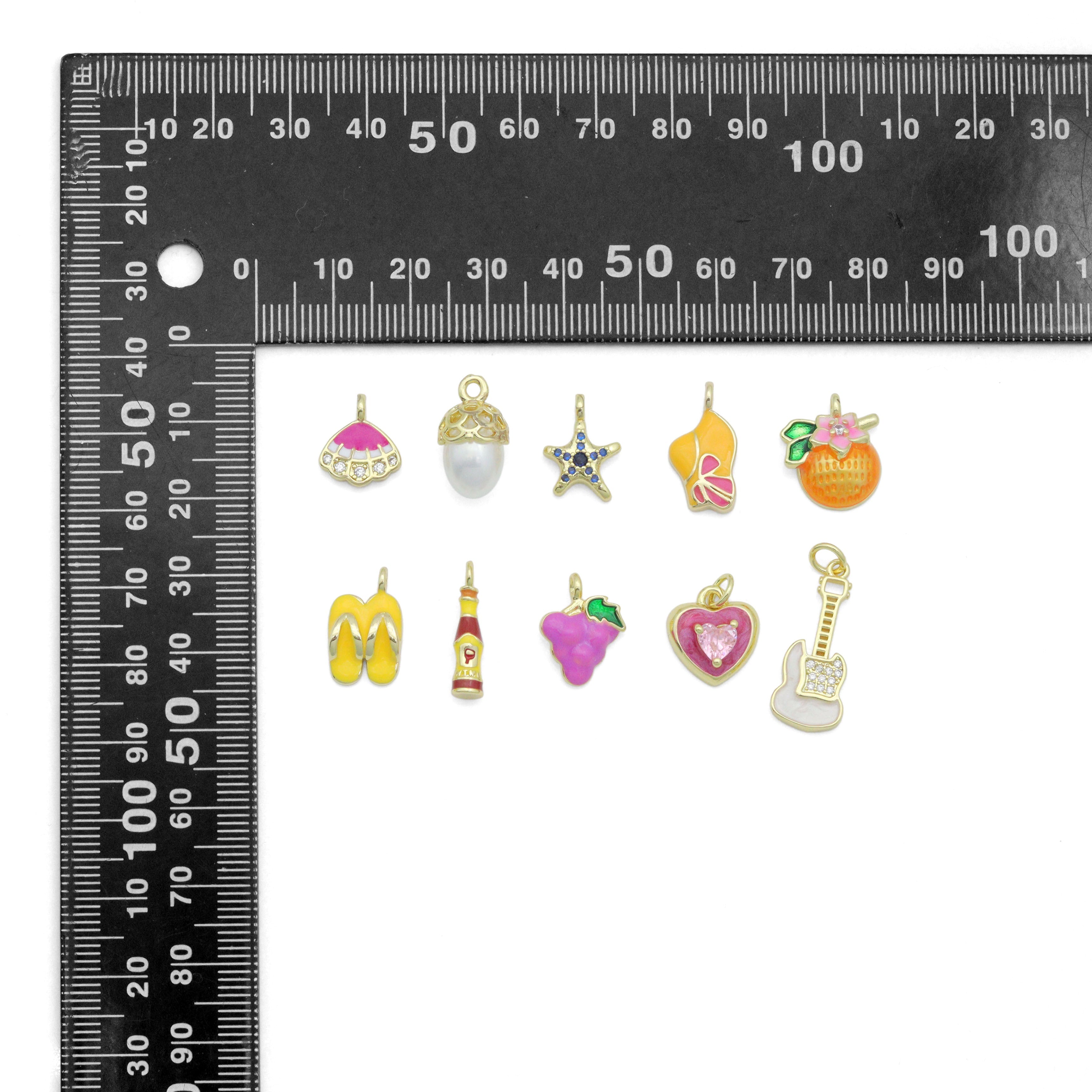 Pink shell,white pearl, starfish, hat, flower fruit, flip flop, soda bottle, grape heart, Guitar charm, Sku#LD761