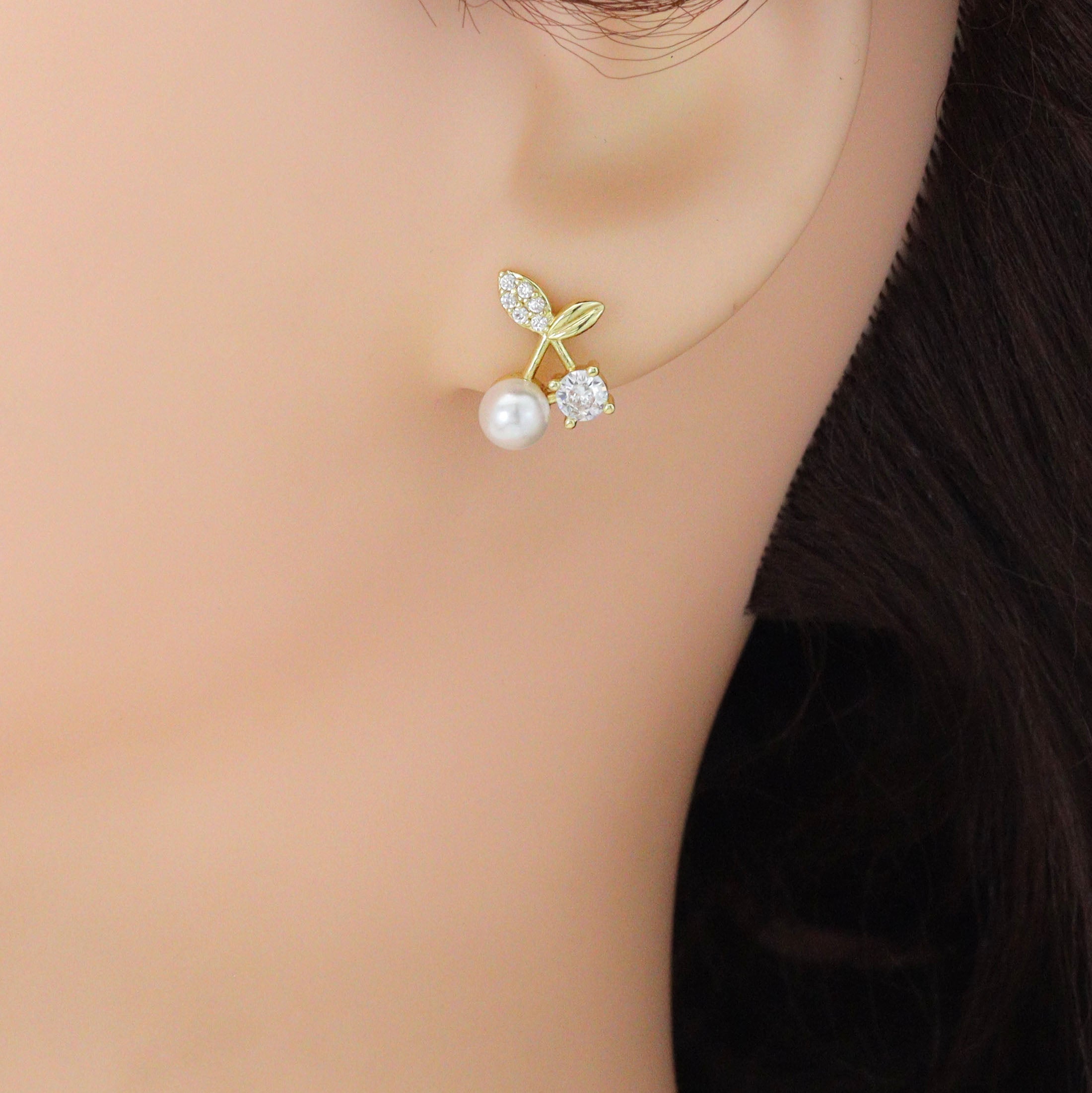 Clear CZ White Pearl Cherry Stud Earrings, Sku#A501