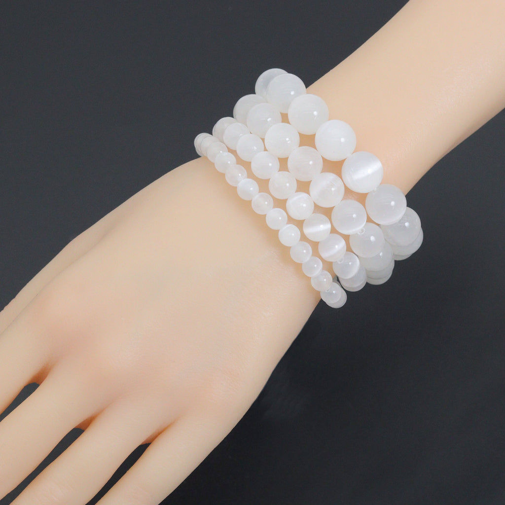 Genuine Round Smooth Selanite Stretchy Bracelet, Sku#EF779