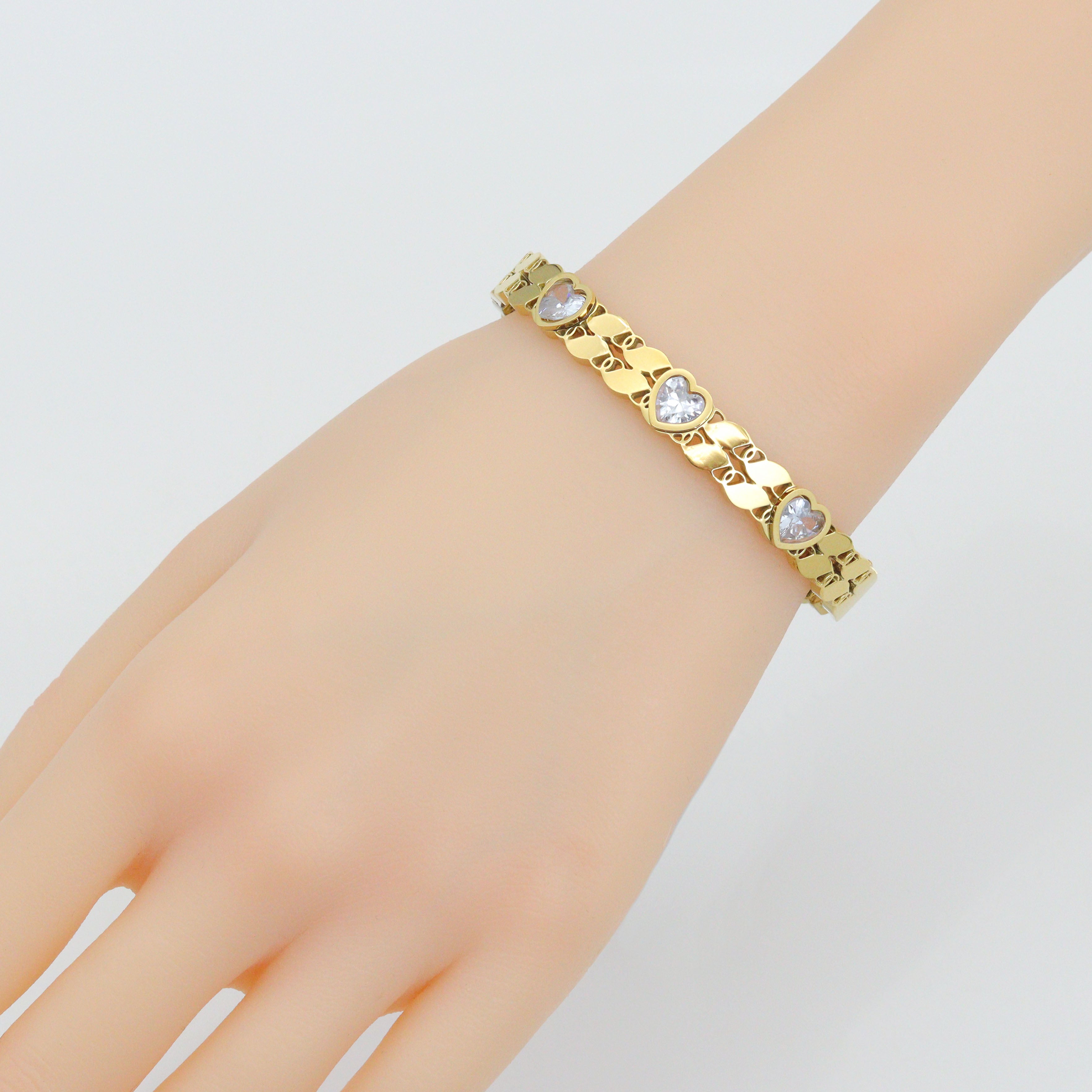 Clear Heart CZ Gold Silver Adjustable Bracelet, Sku#BXG11