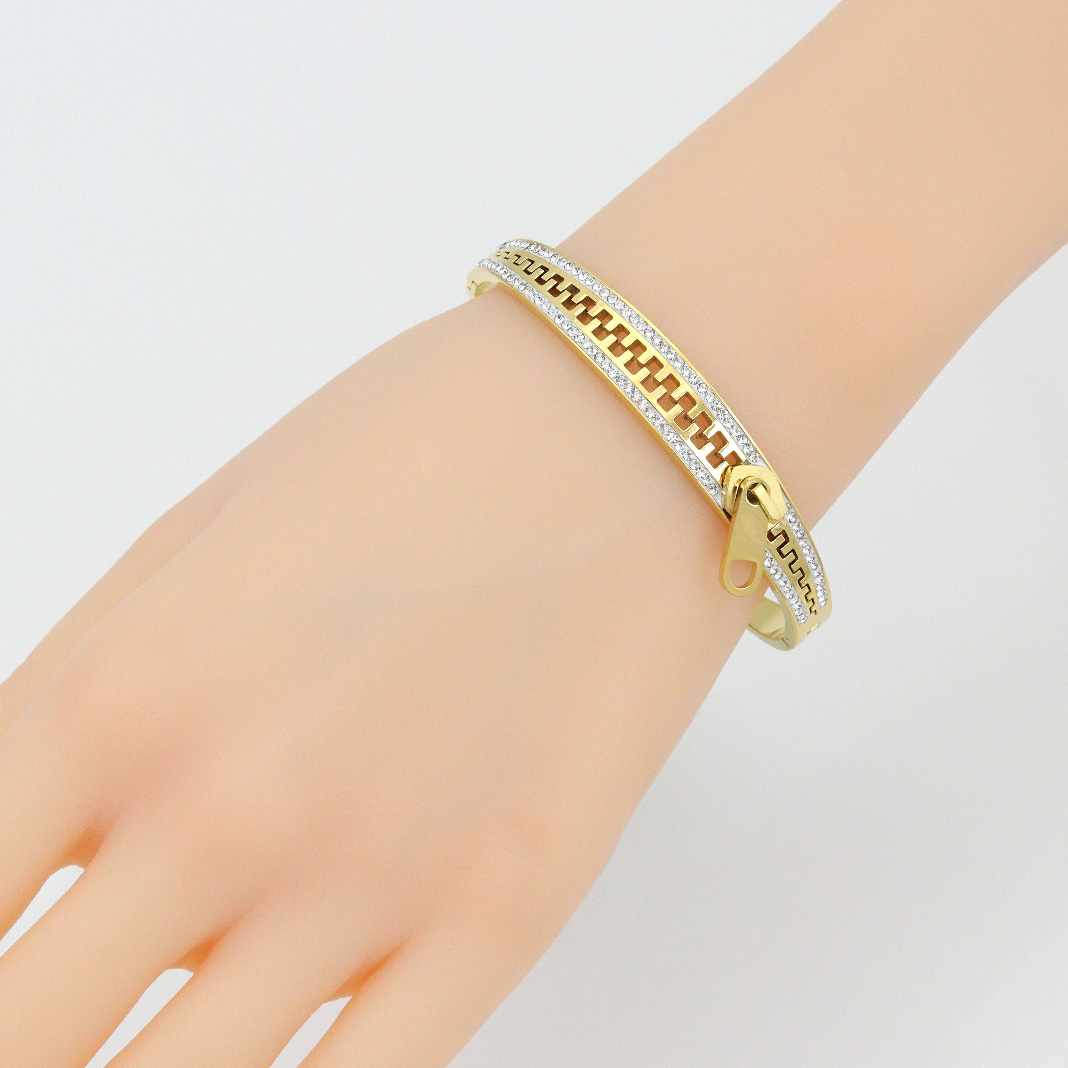 Gold Silver Stainless Steel Zipper CZ Pave  Bracelet, Sku#BXG10