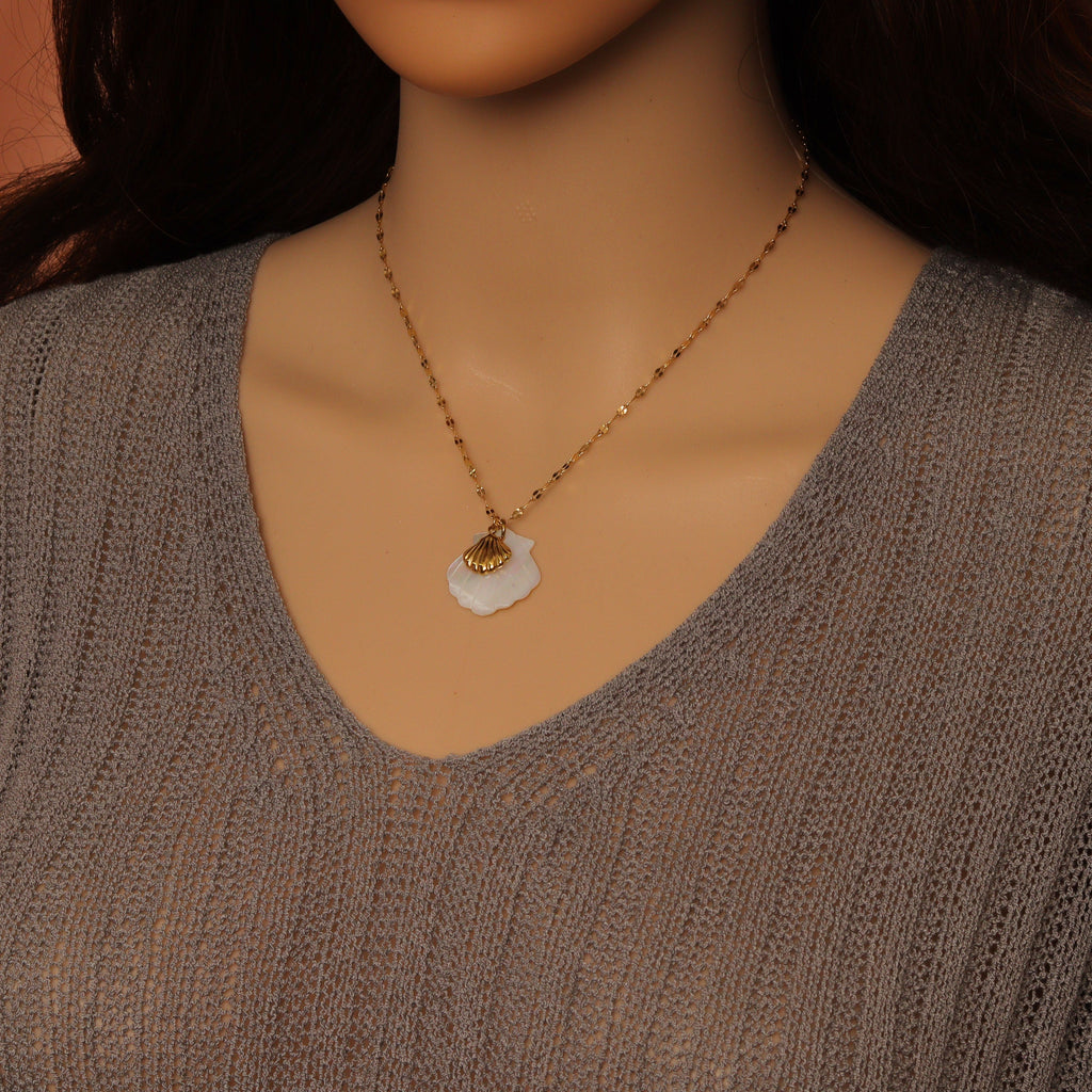 Mother of Pearl Shell Pendant Gold Dainty Link Adjustable Necklace , Sku#BXG17