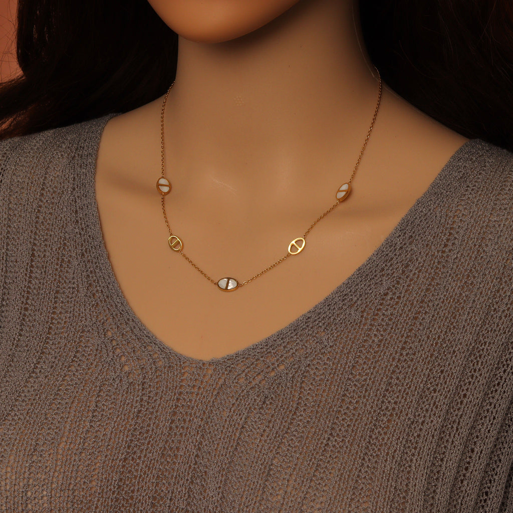 Mother of Pearl Oval Gold Link Adjustable Necklace Earring set, Sku#BXG14