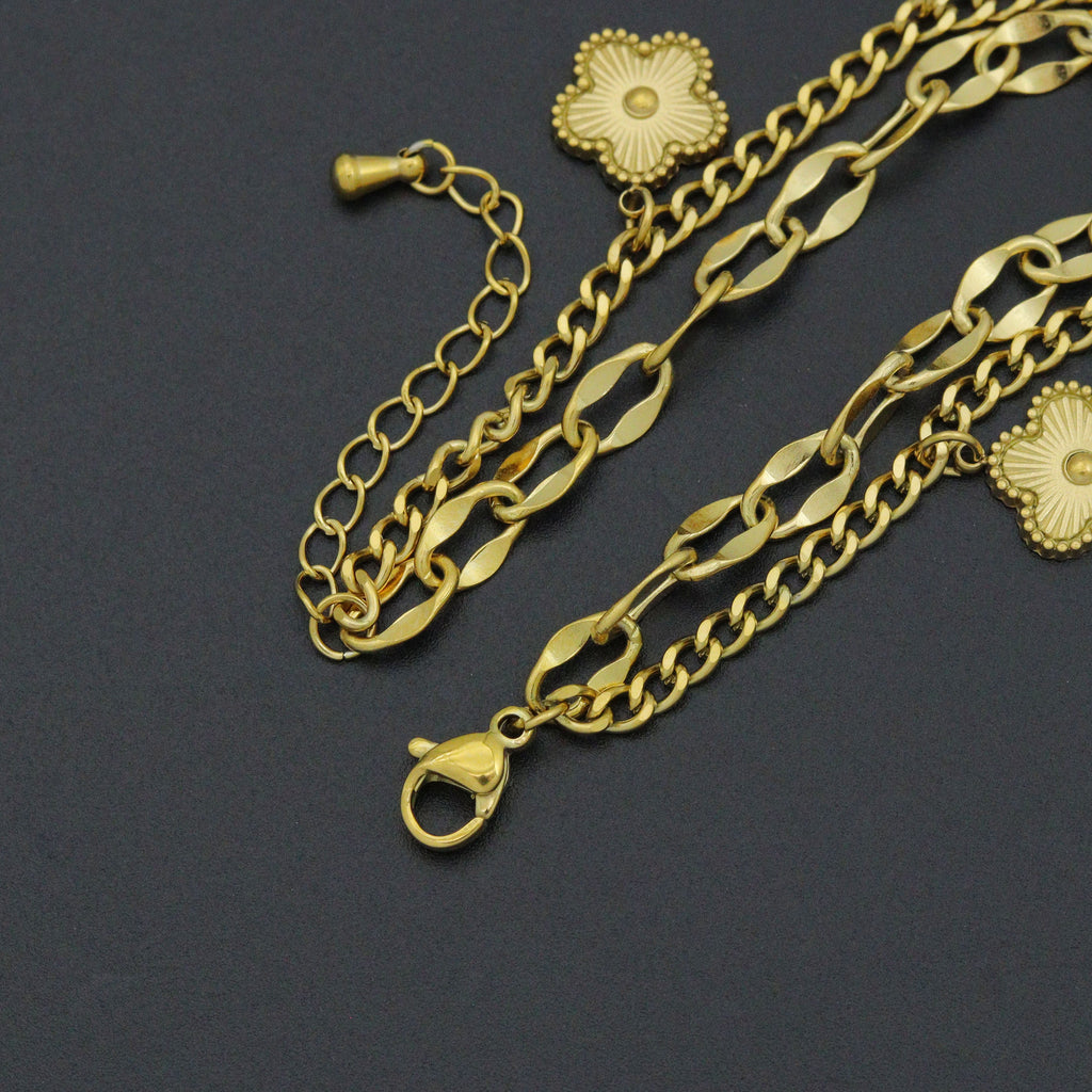 Gold Clover Heart Pendant Doule Link Chain Charm Bracelet, Sku#BXG19
