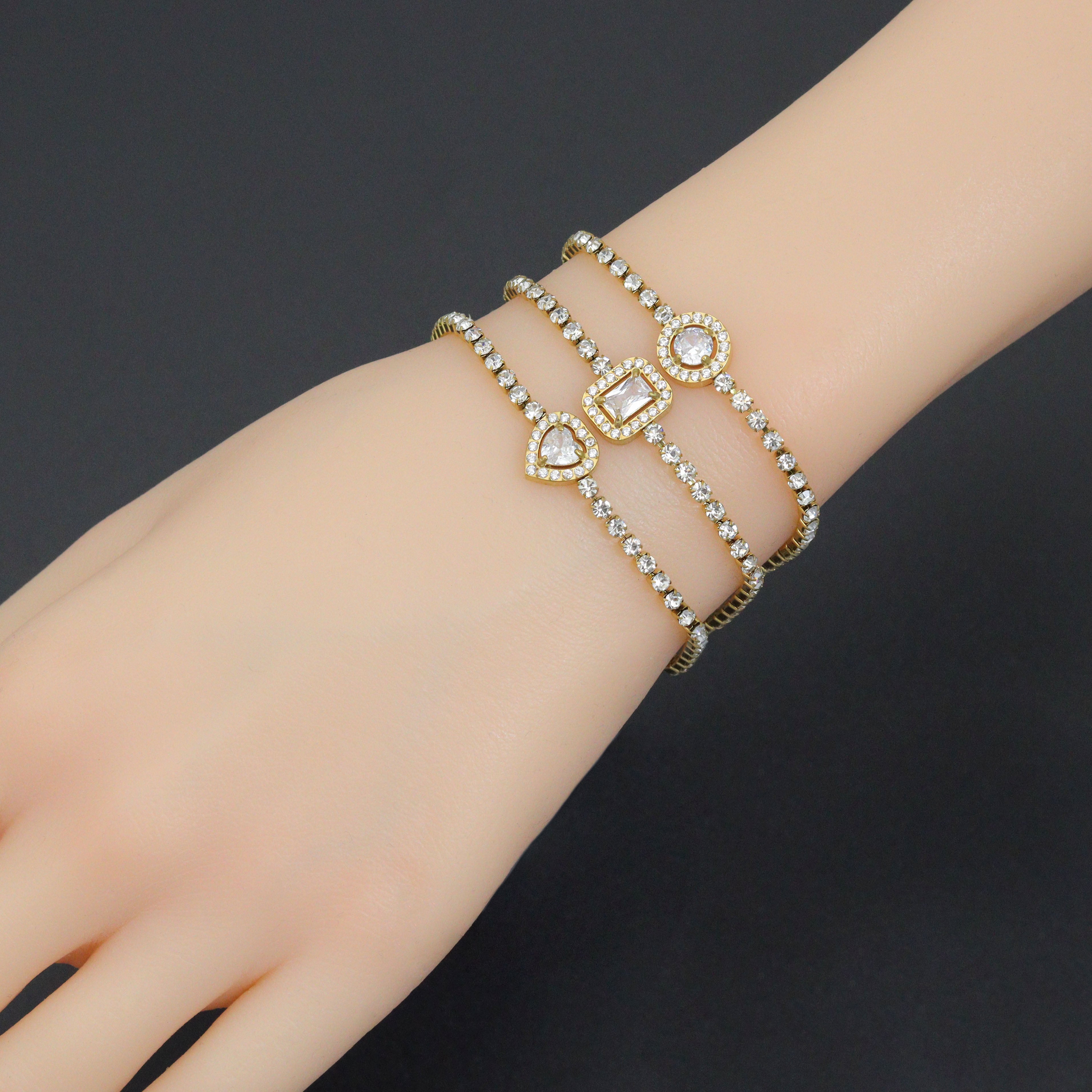 Tennis Chain Bracelet with Heart Rectangle Round CZ Bracelet, Sku#BXG21