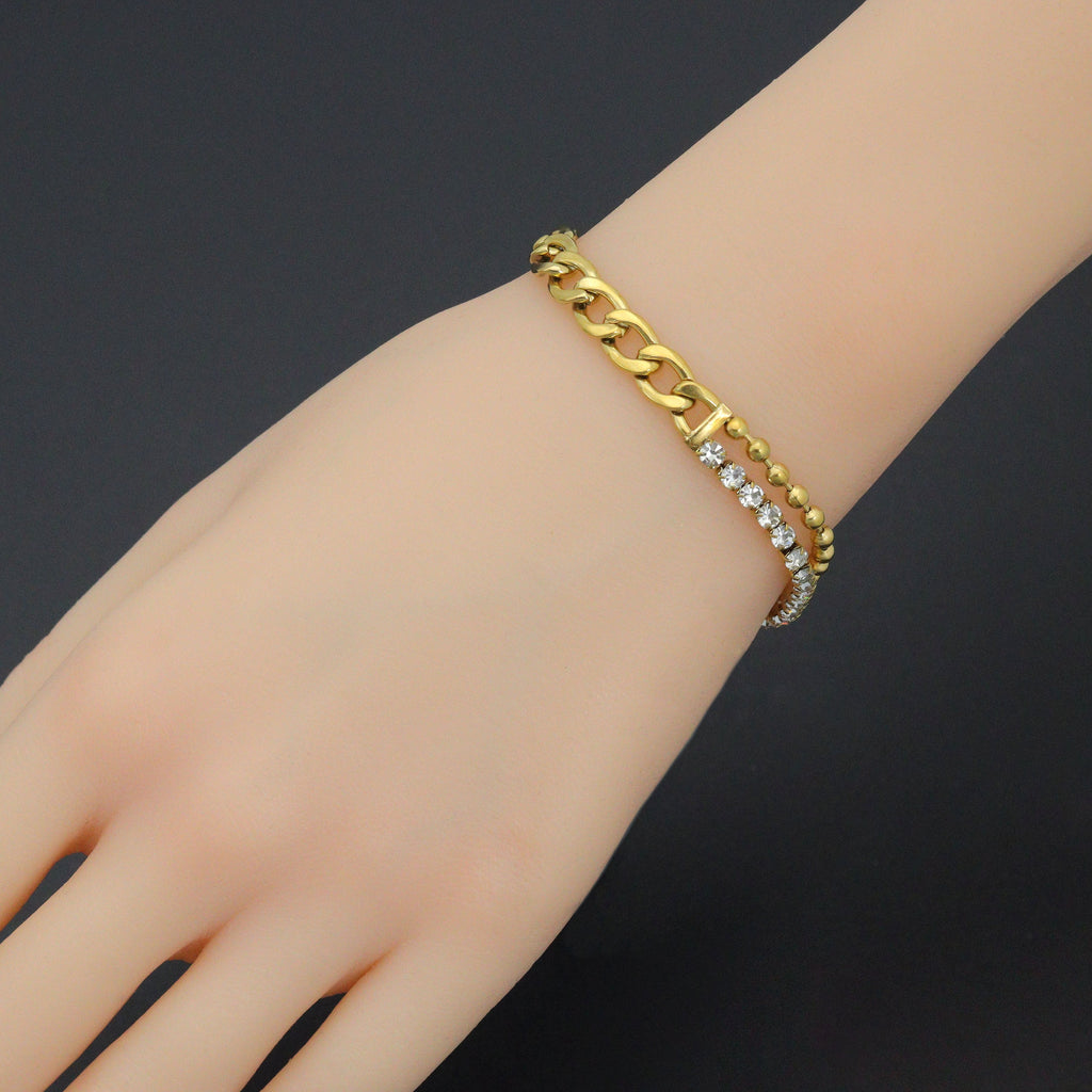 Stainless Steel Gold Cuban Link Chain CZ Ball chain Adjustable Bracelet, Sku#BXG22