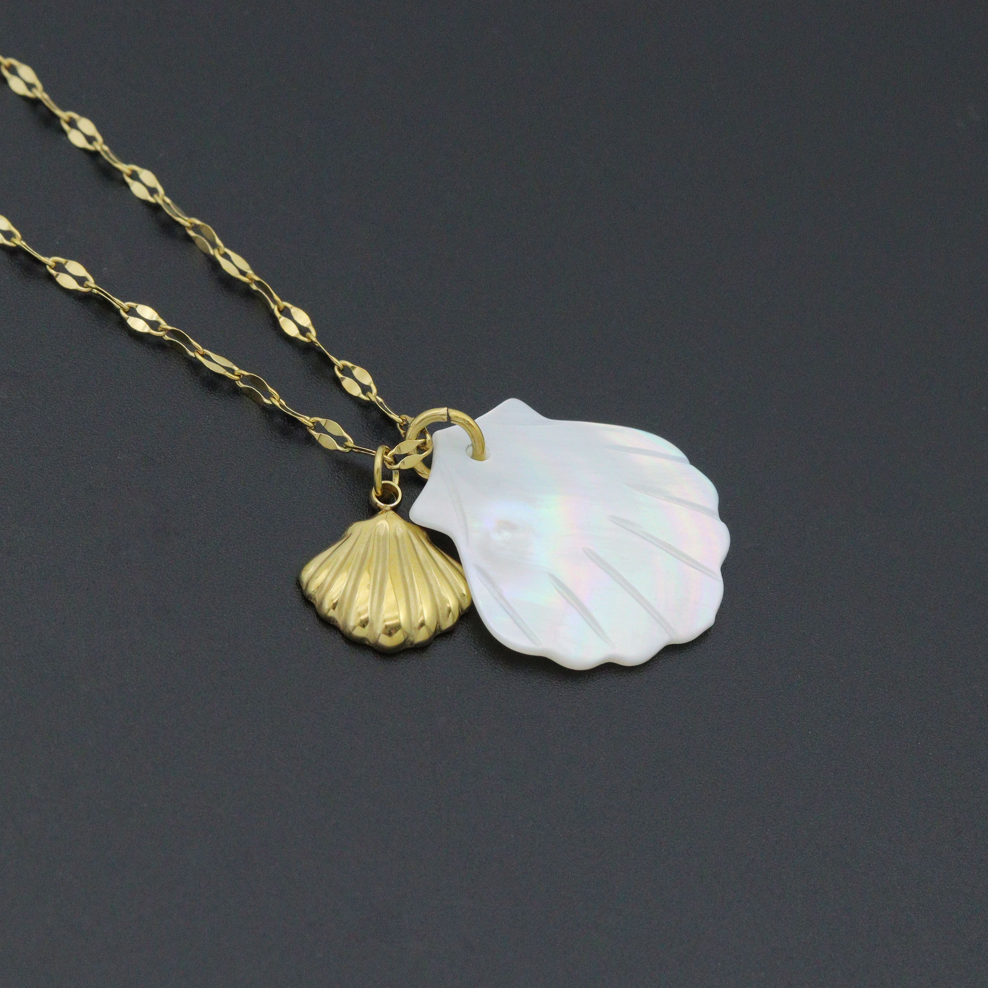 Mother of Pearl Shell Pendant Gold Dainty Link Adjustable Necklace , Sku#BXG17