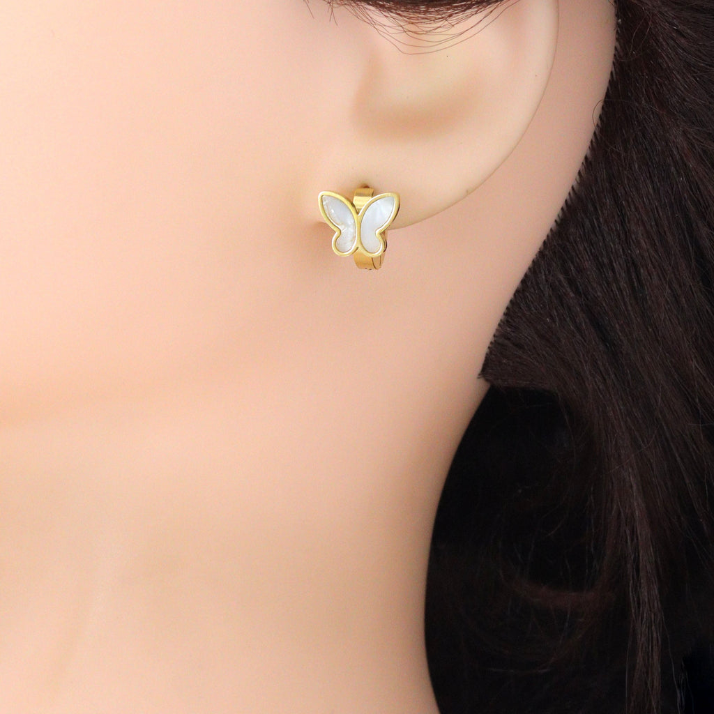 White Mother of Pearl Butterfly Hoop Earrings, Sku#BXG16