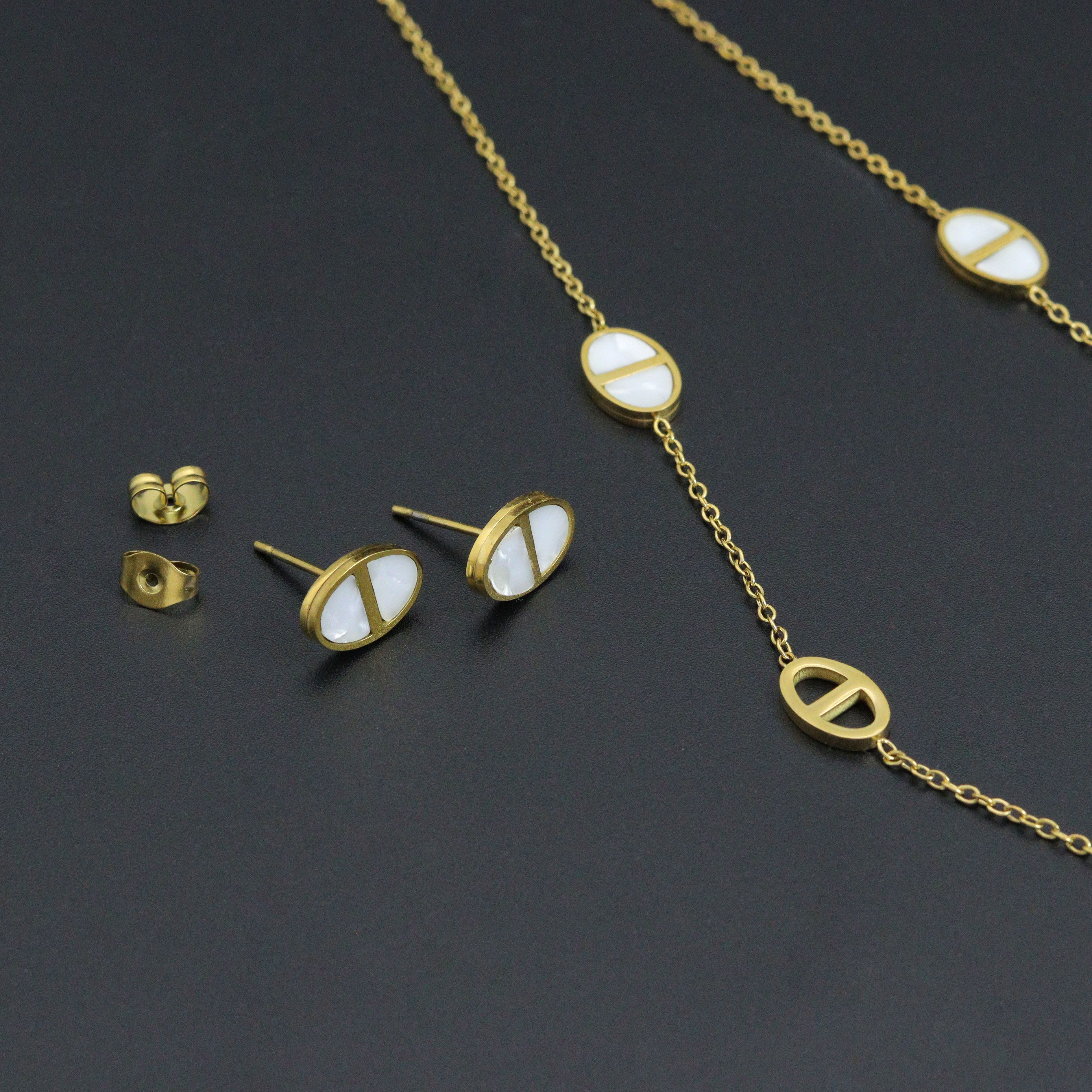 Mother of Pearl Oval Gold Link Adjustable Necklace Earring set, Sku#BXG14